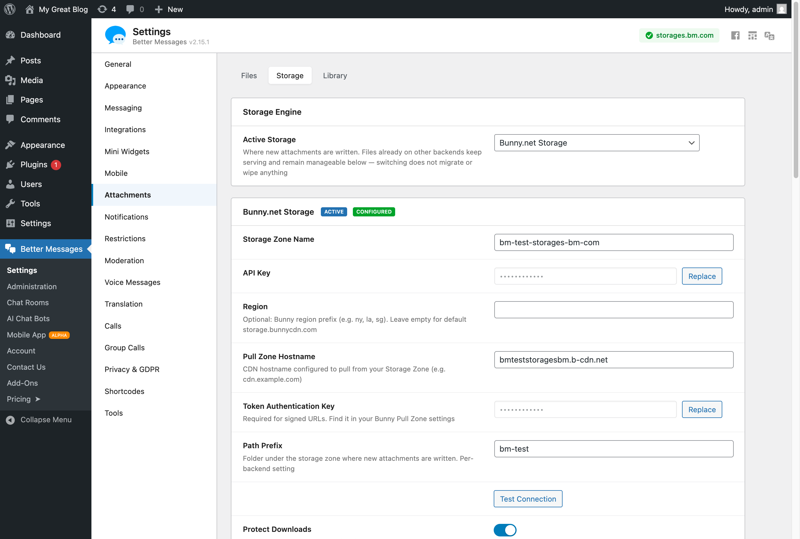 Plugin Storage tab — Bunny.net Storage section filled in