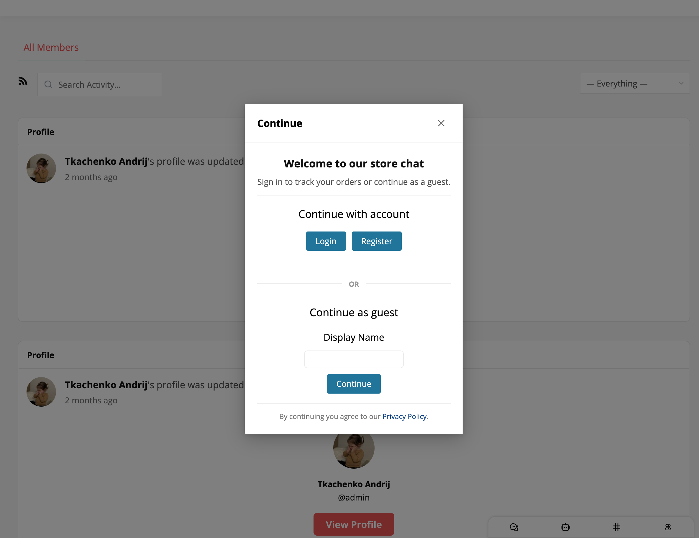Auth screen with all three filters active in the modal popup