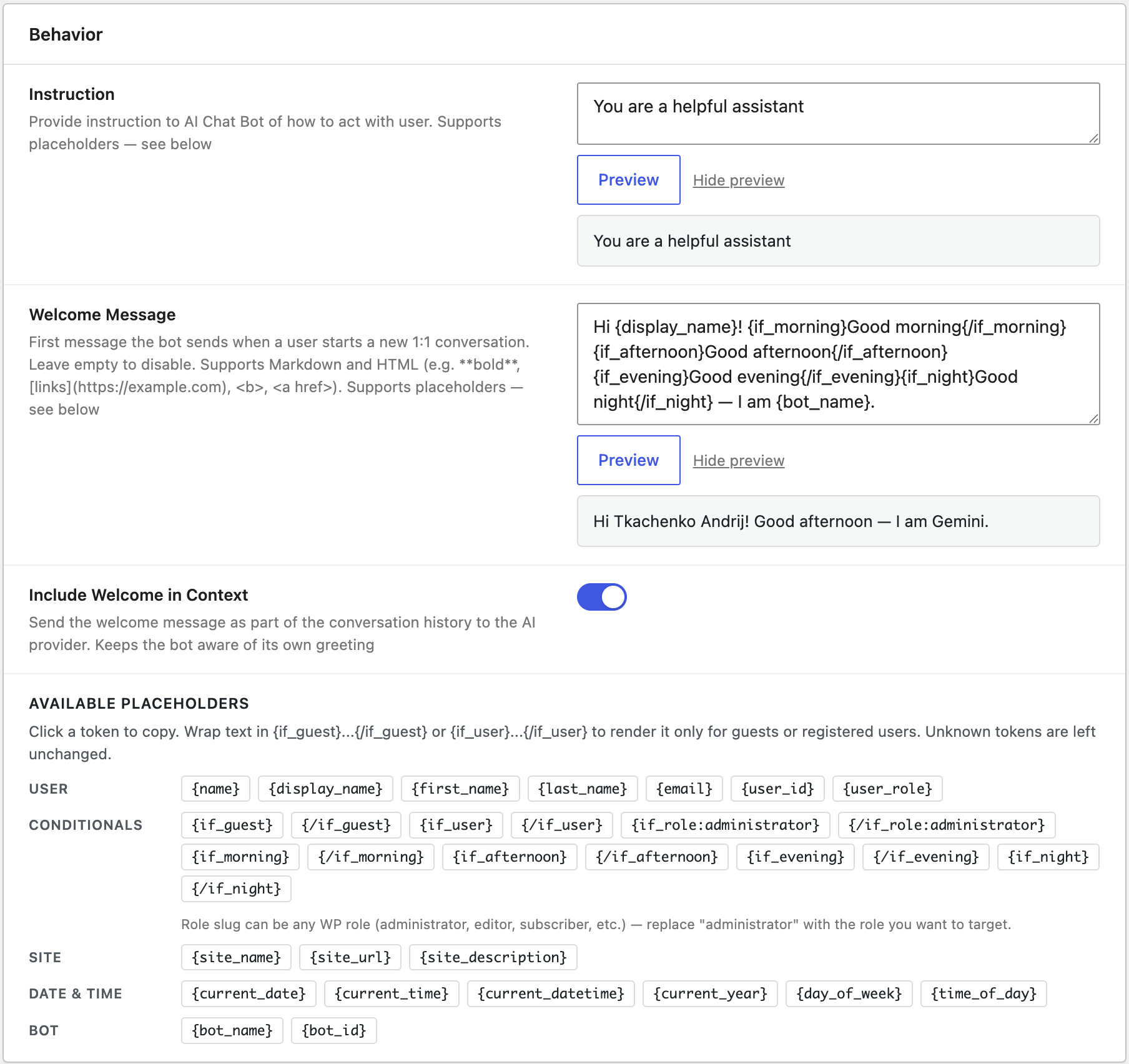 Bot Behavior panel with Instruction, Welcome Message, and placeholder chips