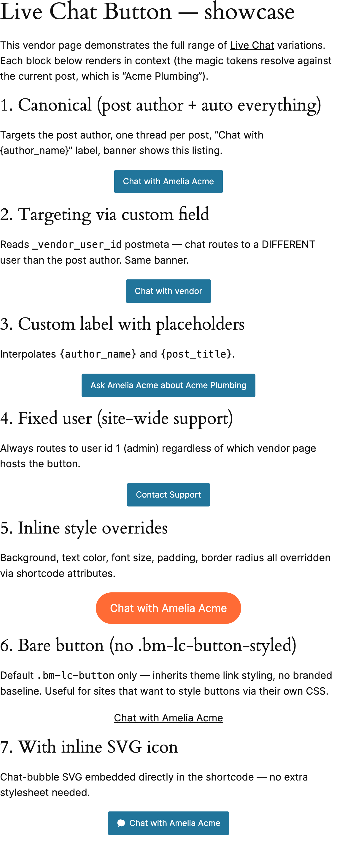 Live Chat Button variations rendered on a vendor listing