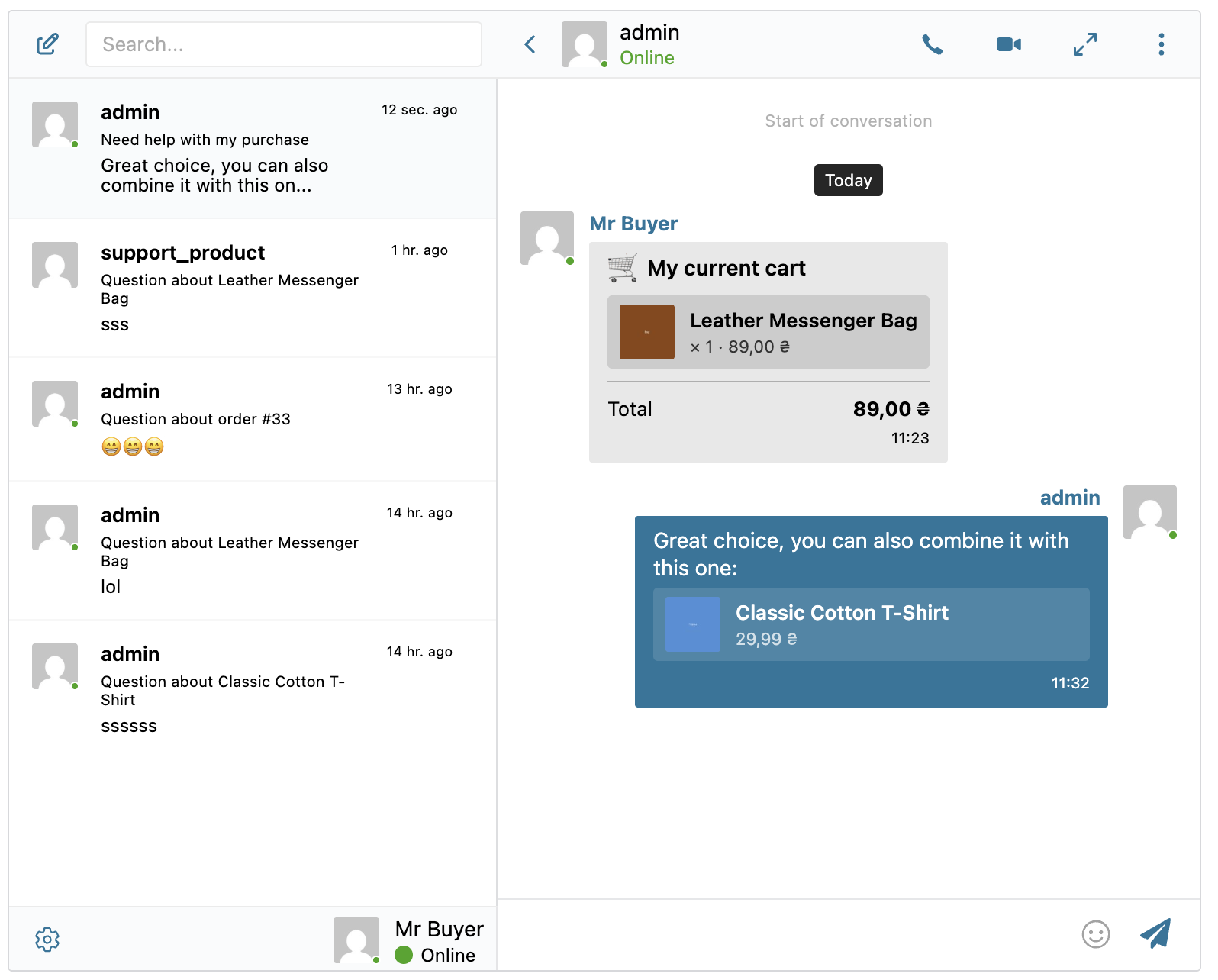Chat with cart info and product