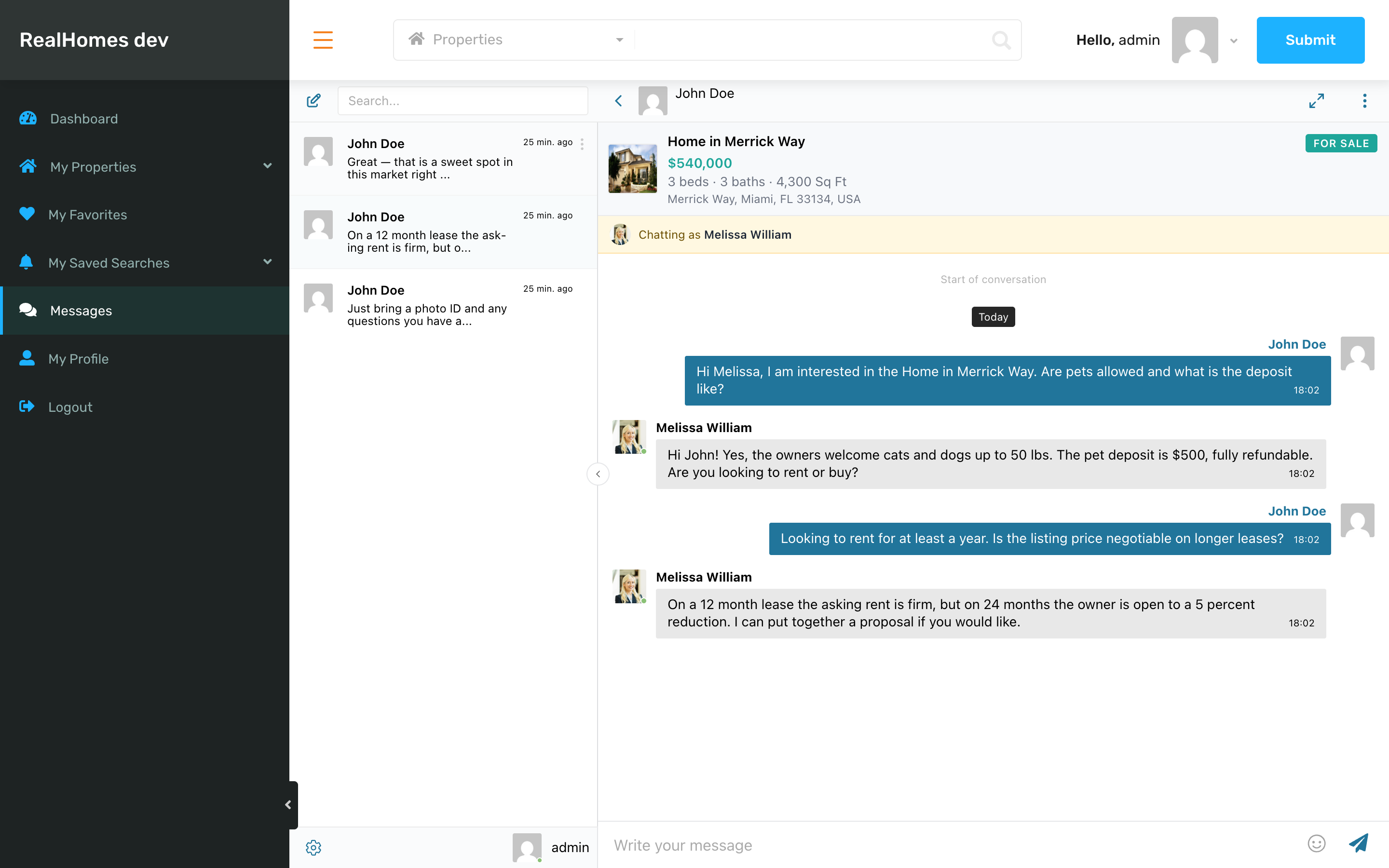 Buyer ↔ agent conversation on the RealHomes dashboard with property context card and persona banner