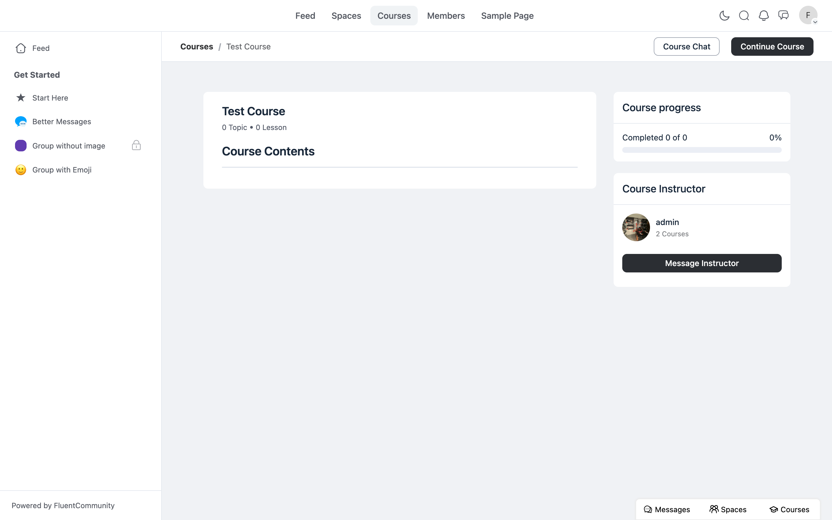FluentCommunity course page with Course Chat and Message Instructor buttons