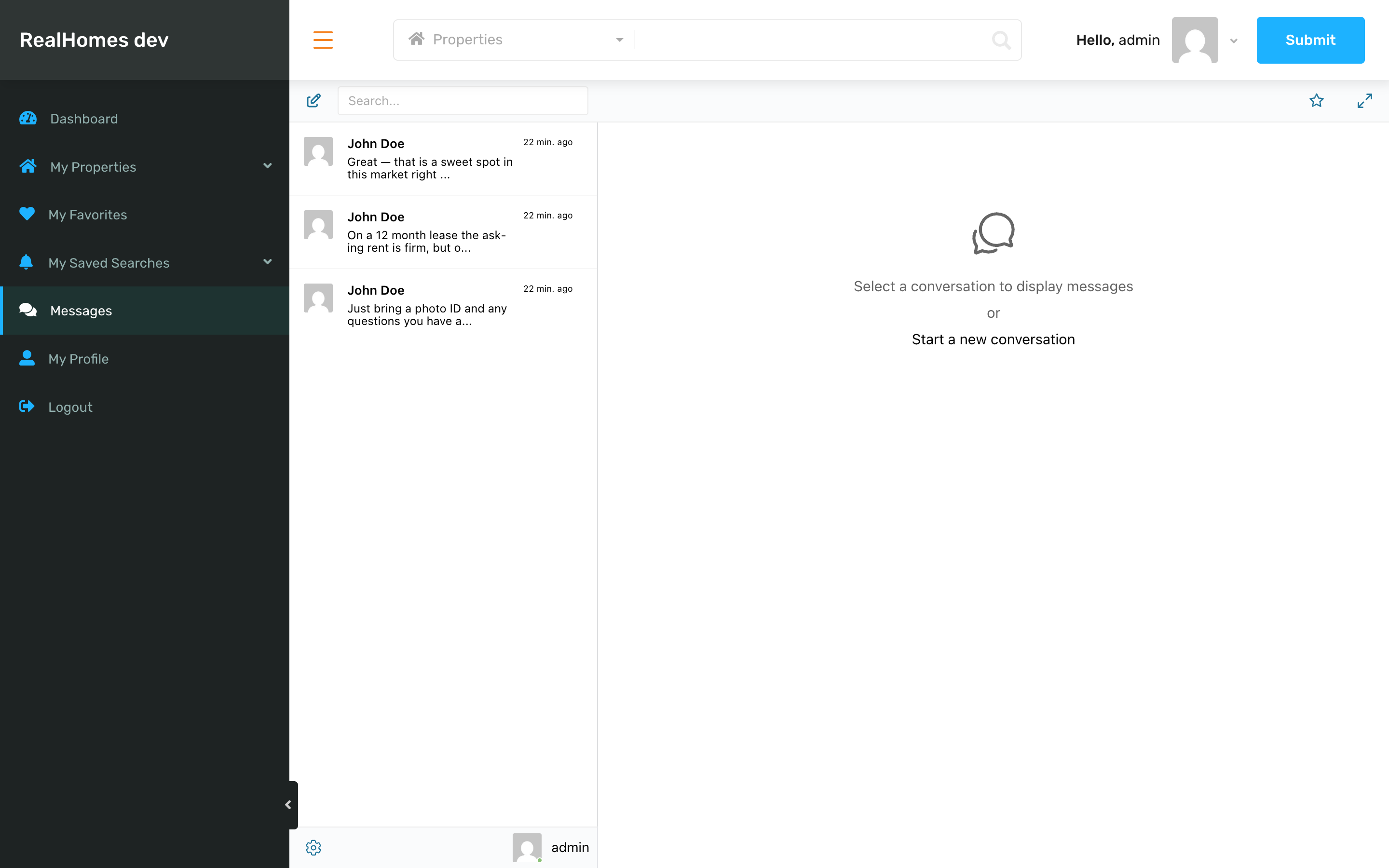 RealHomes dashboard with messenger loaded inline