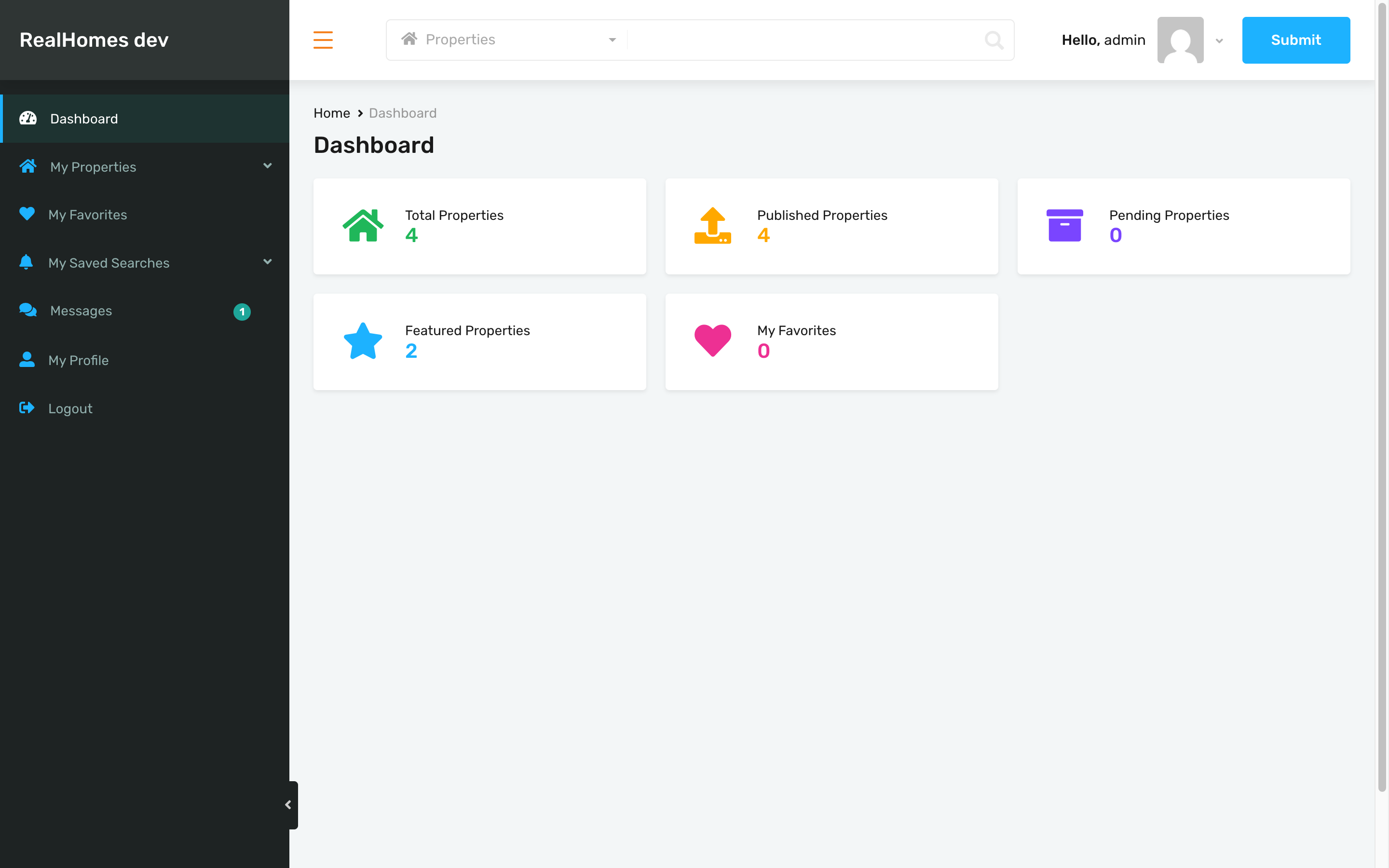 RealHomes dashboard sidebar with a "1" unread badge on the Messages tab