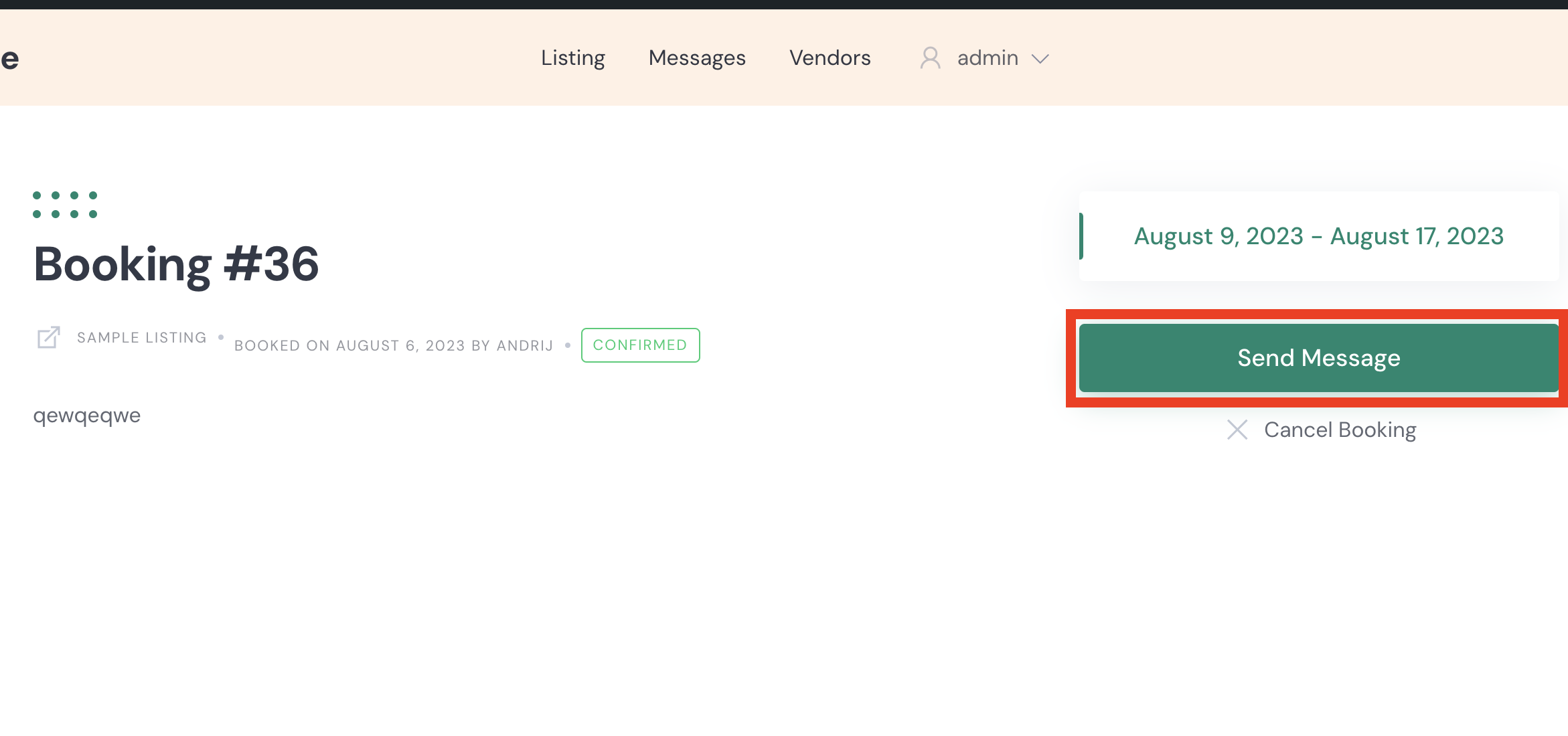 Send Message button on a HivePress booking page