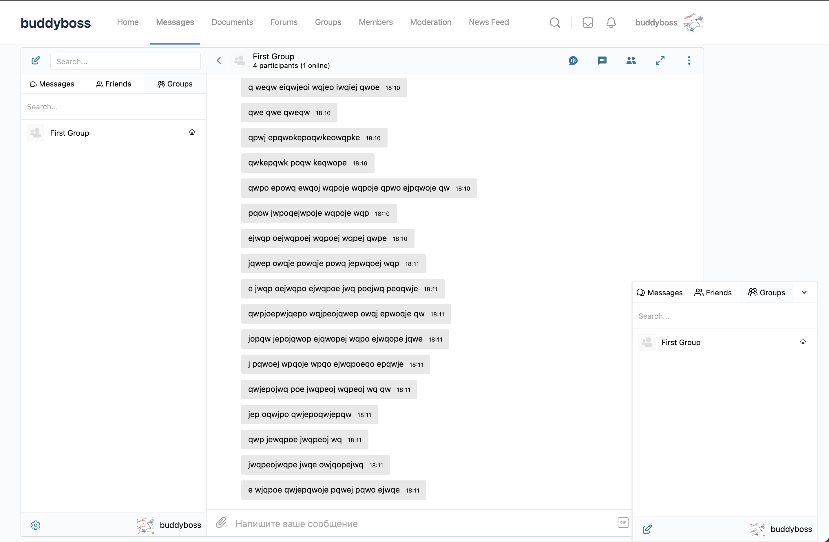 Better Messages Groups list inside the sidebar — multiple project chats