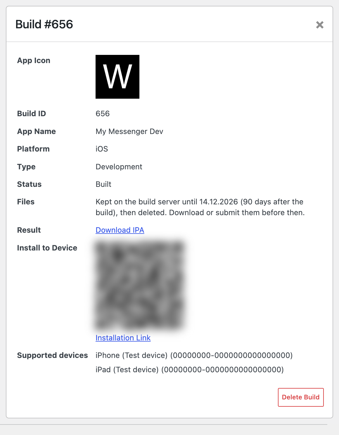 QR code to install the iOS development build on a registered device