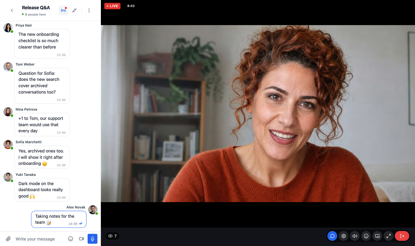 A chat room with a live stream: the host on camera with a Live badge and seven watching, and the chat of the room beside the stream
