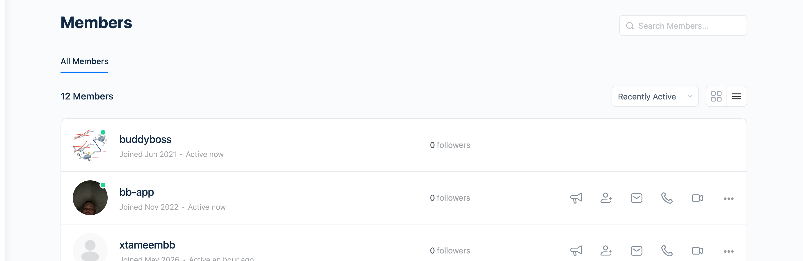 BuddyBoss members directory with audio and video call icons