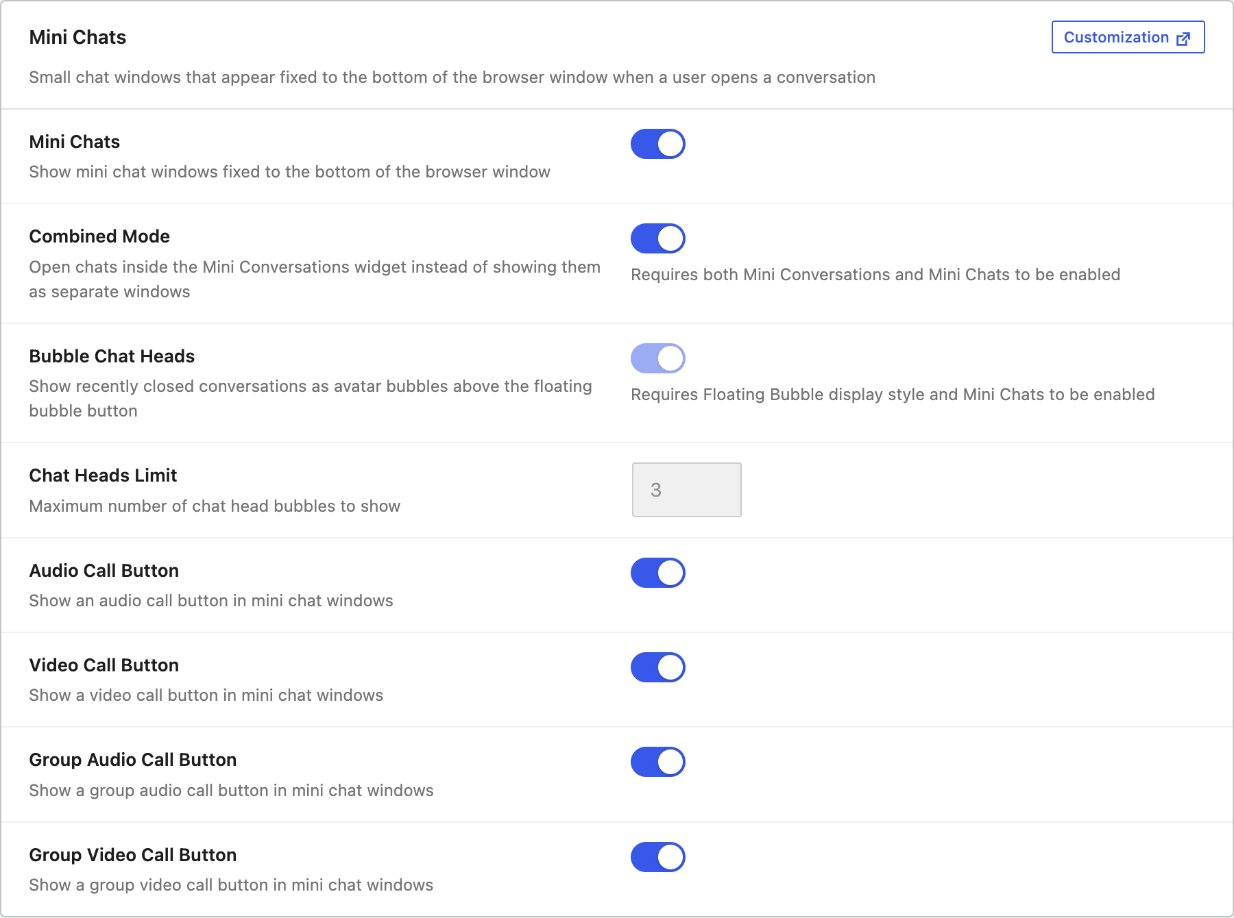 Mini chat call toggles in admin