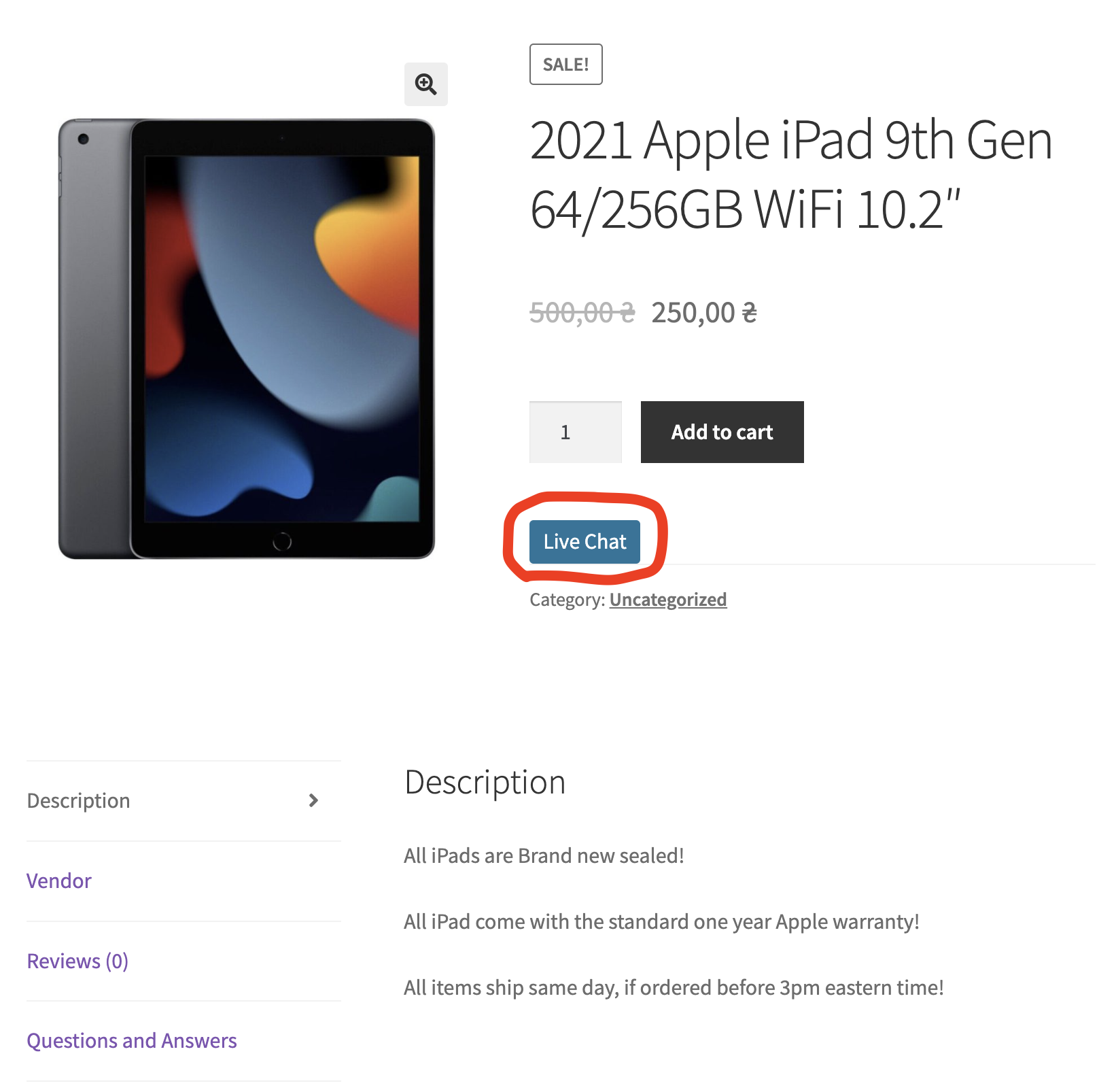 Live Chat button on a MultiVendorX product page