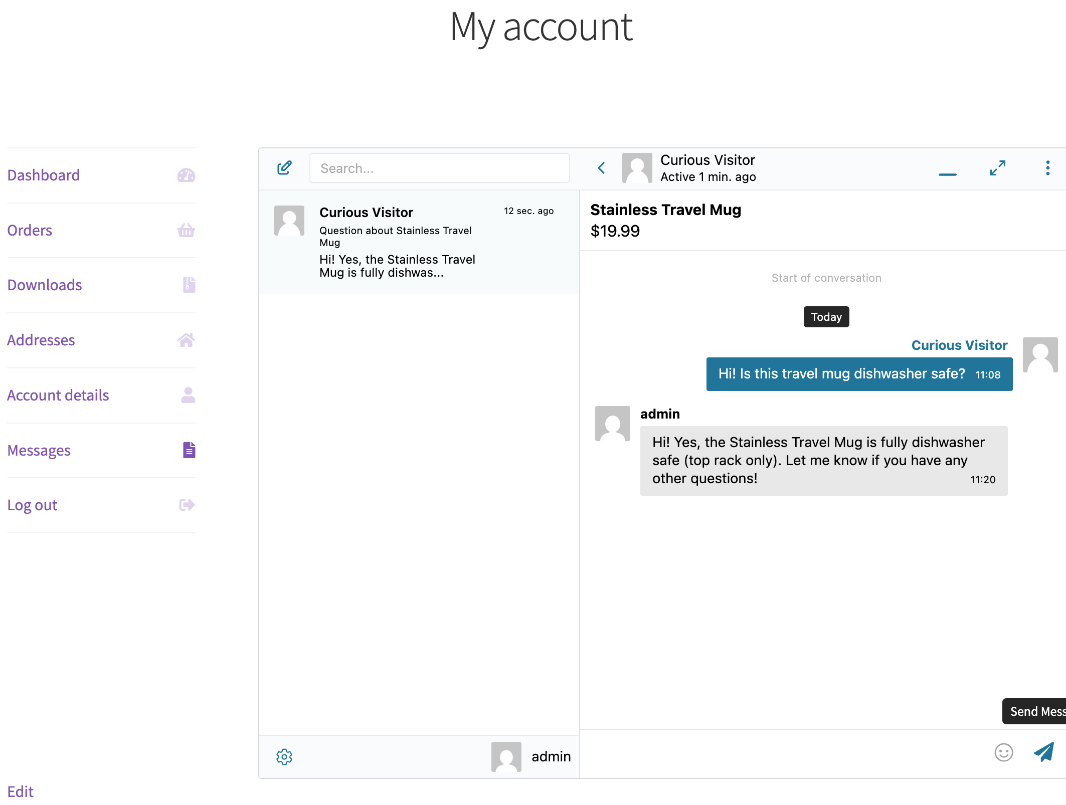 Better Messages inbox embedded inside the WooCommerce My Account layout
