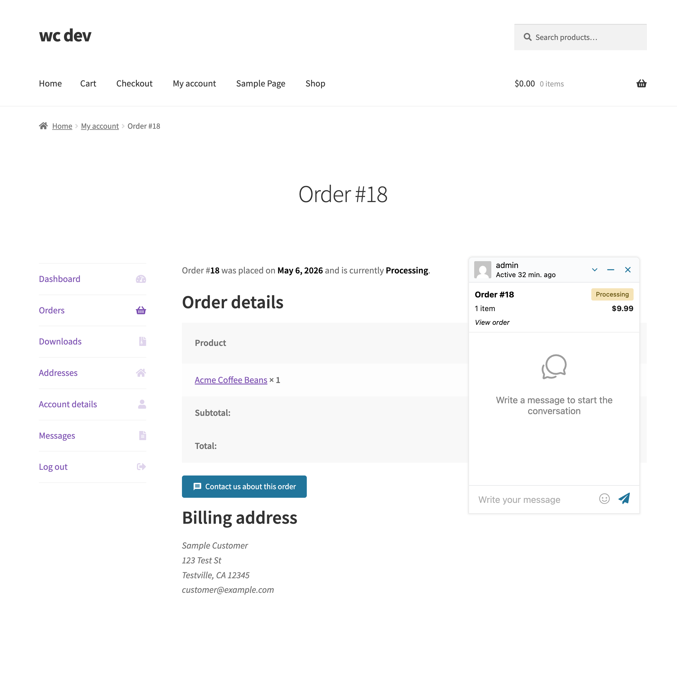 Contact us about this order button on a WooCommerce order page