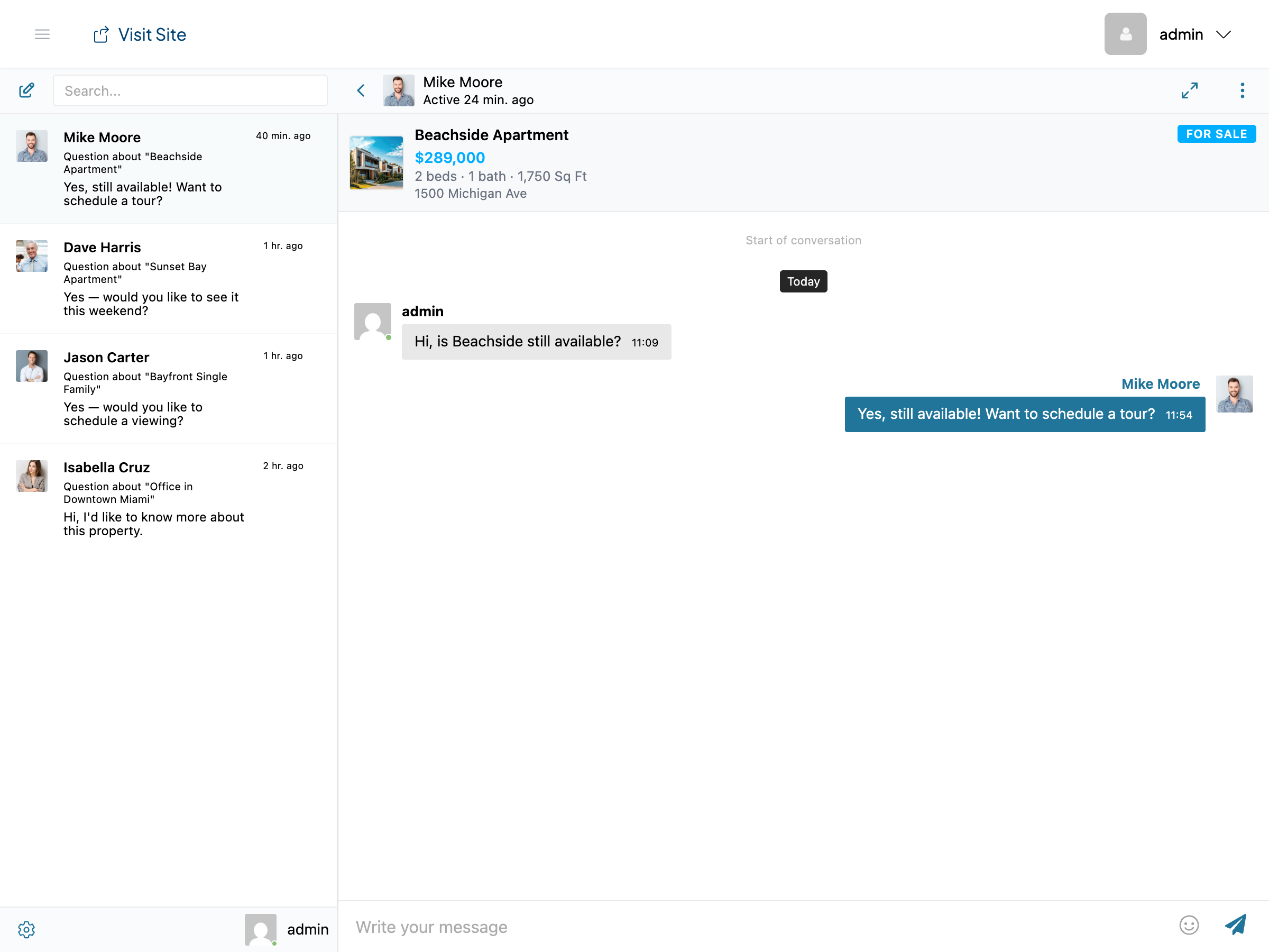 Buyer-side view of multiple Houzez chats. Same WordPress fallback user is shown as "Mike Moore" in one thread, "Dave Harris" in another, "Jason Carter" in the third — each with their own agent CPT photo and profile link