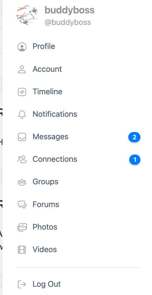 BuddyBoss profile dropdown with the Better Messages unread counter