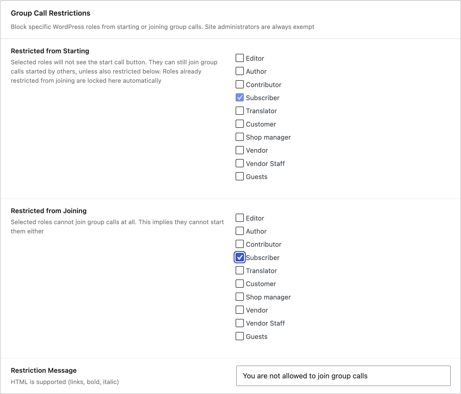 Call restriction toggles in Better Messages settings