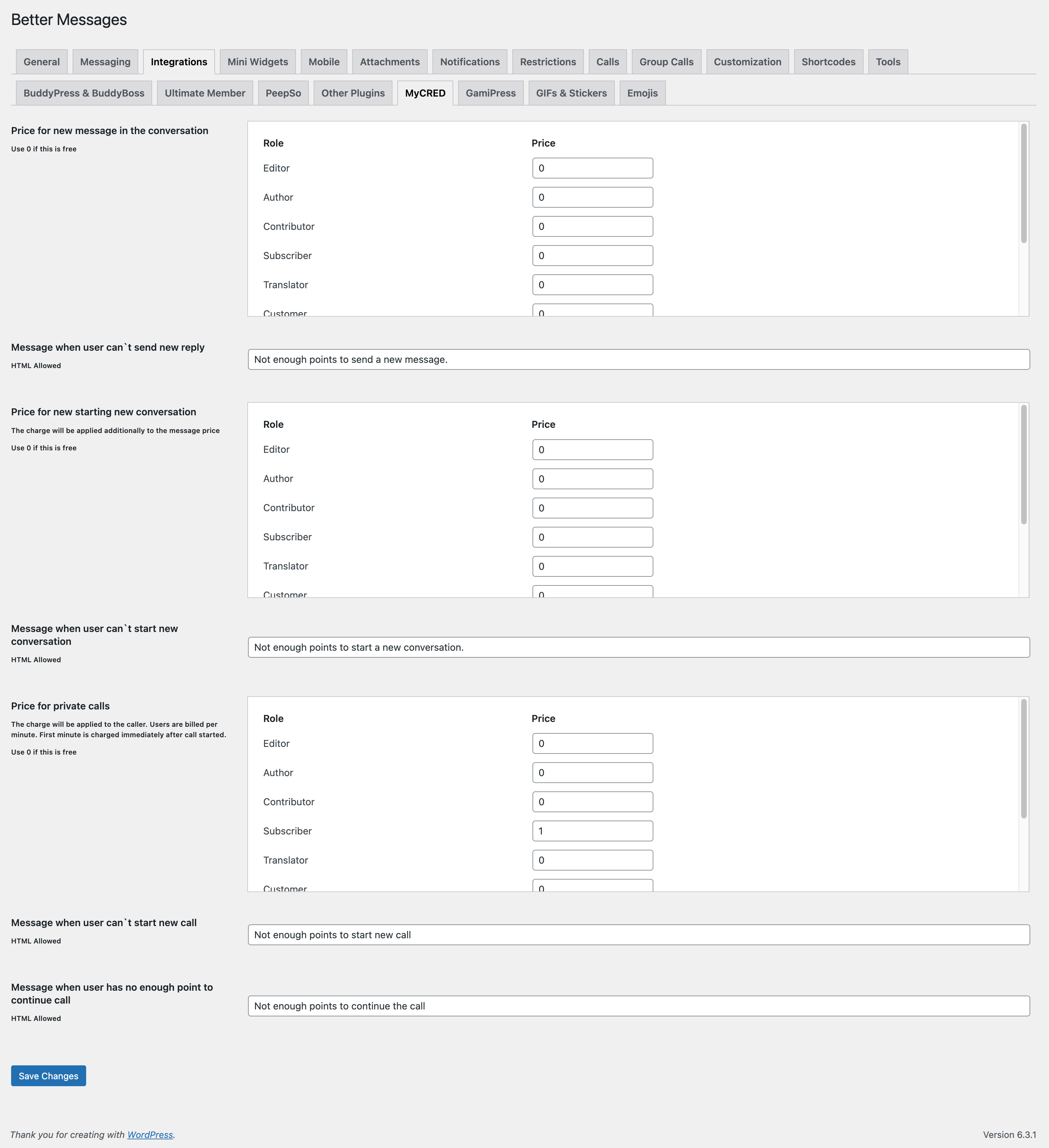 Better Messages MyCred integration settings