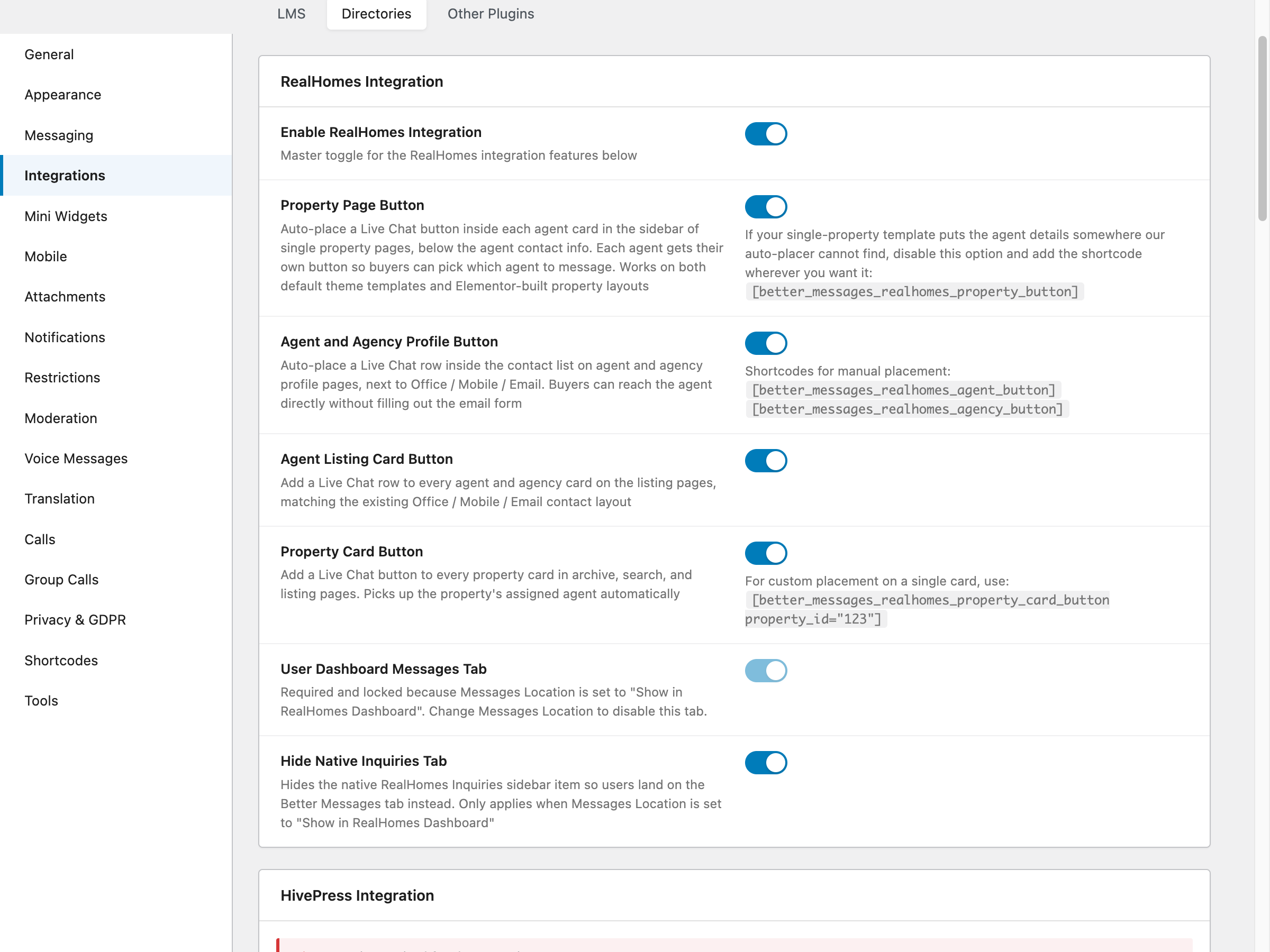 RealHomes integration settings