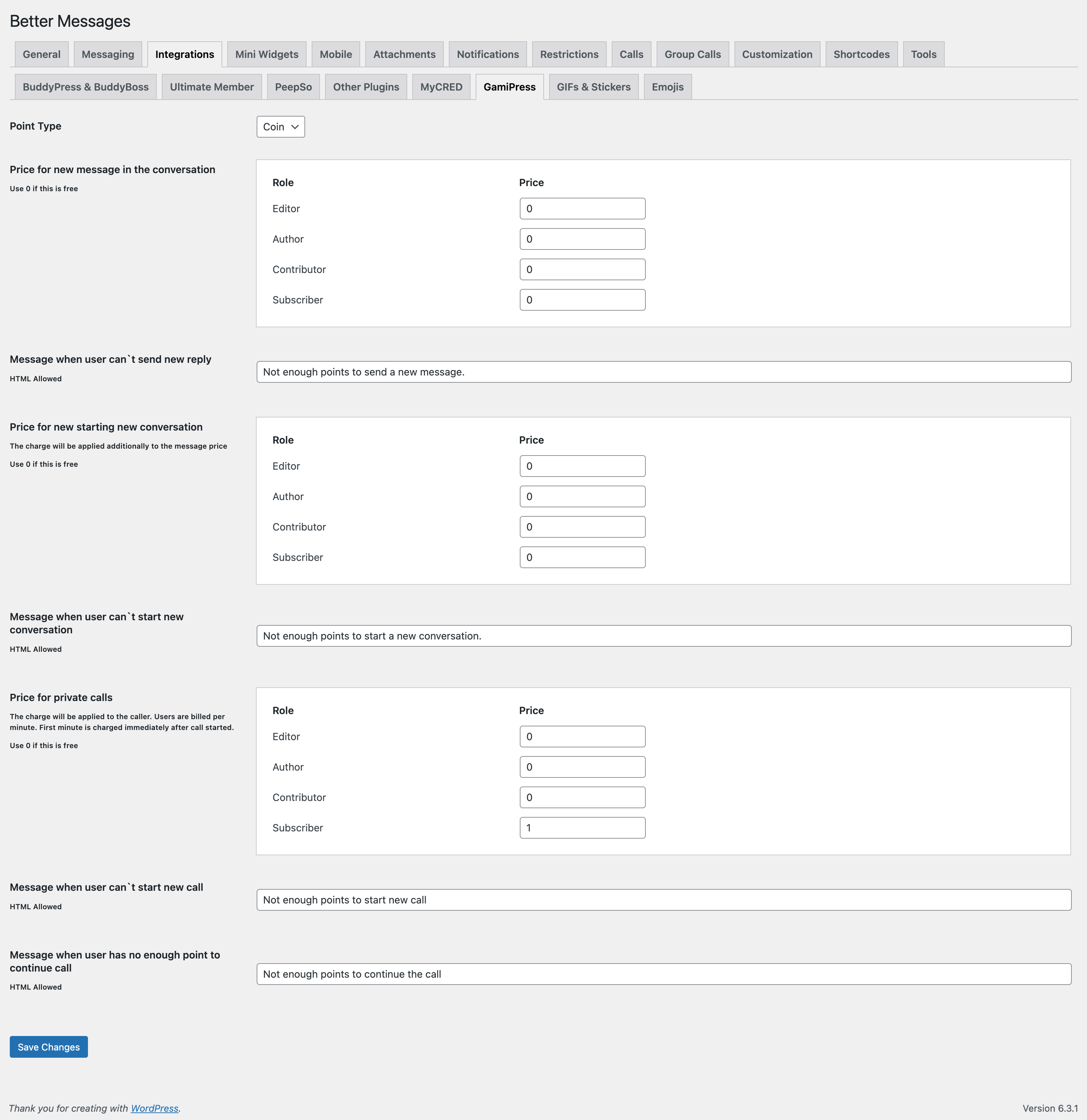 Better Messages GamiPress integration settings