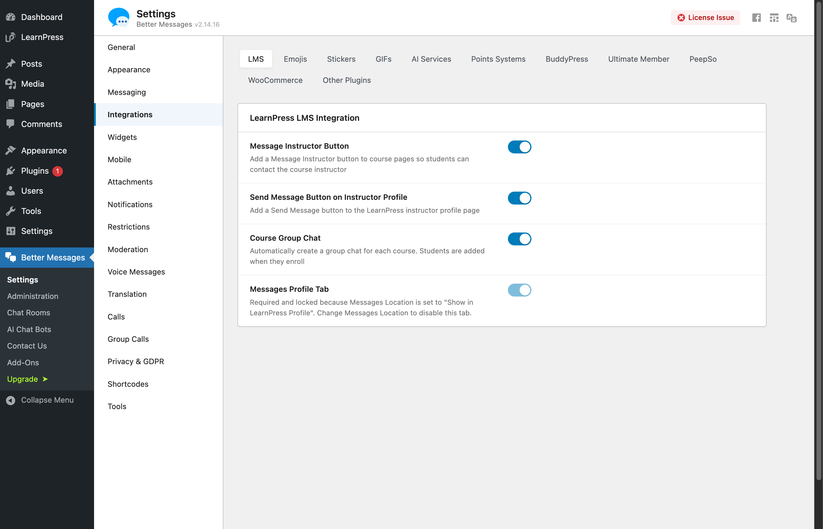 LearnPress LMS integration settings