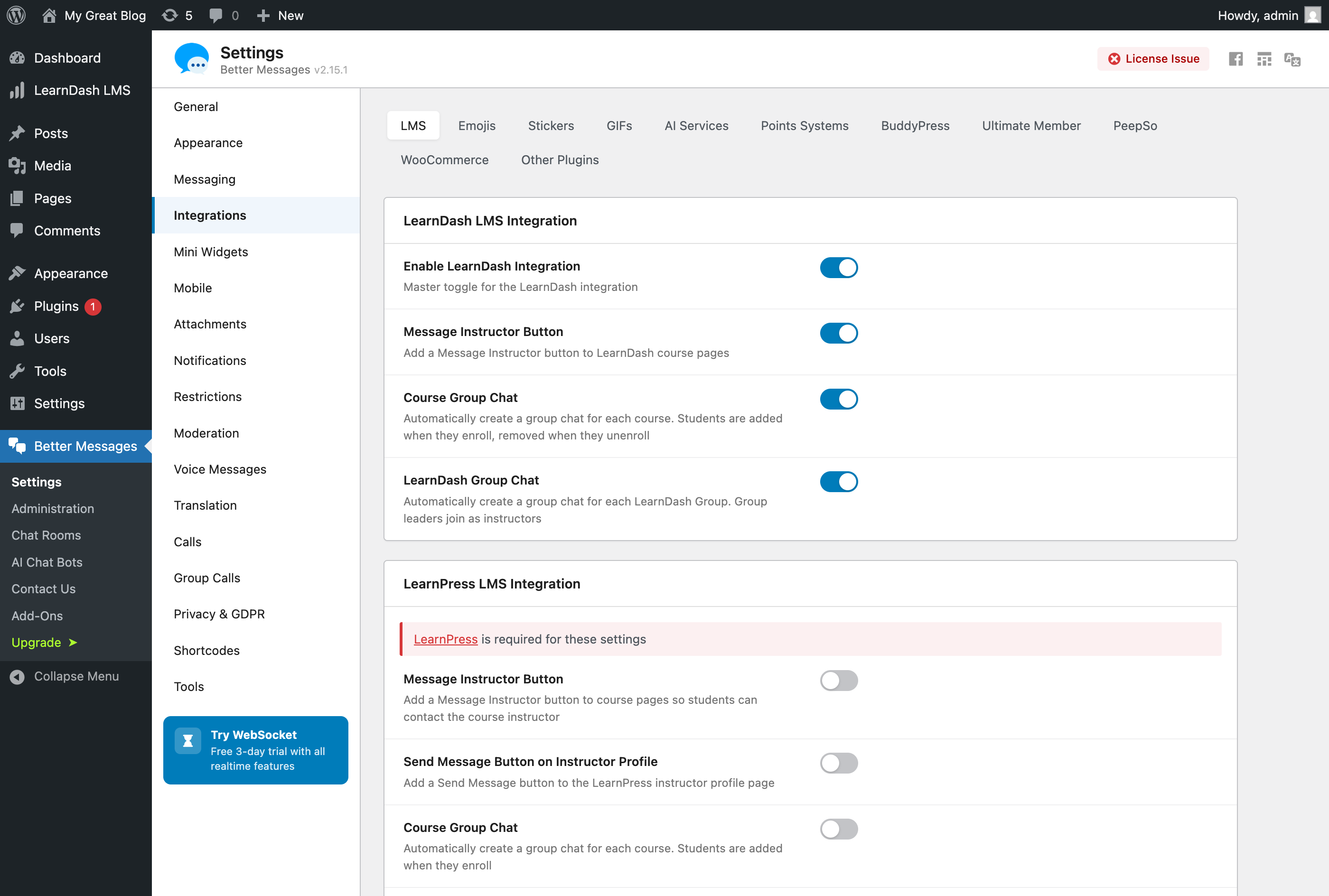 LearnDash integration settings