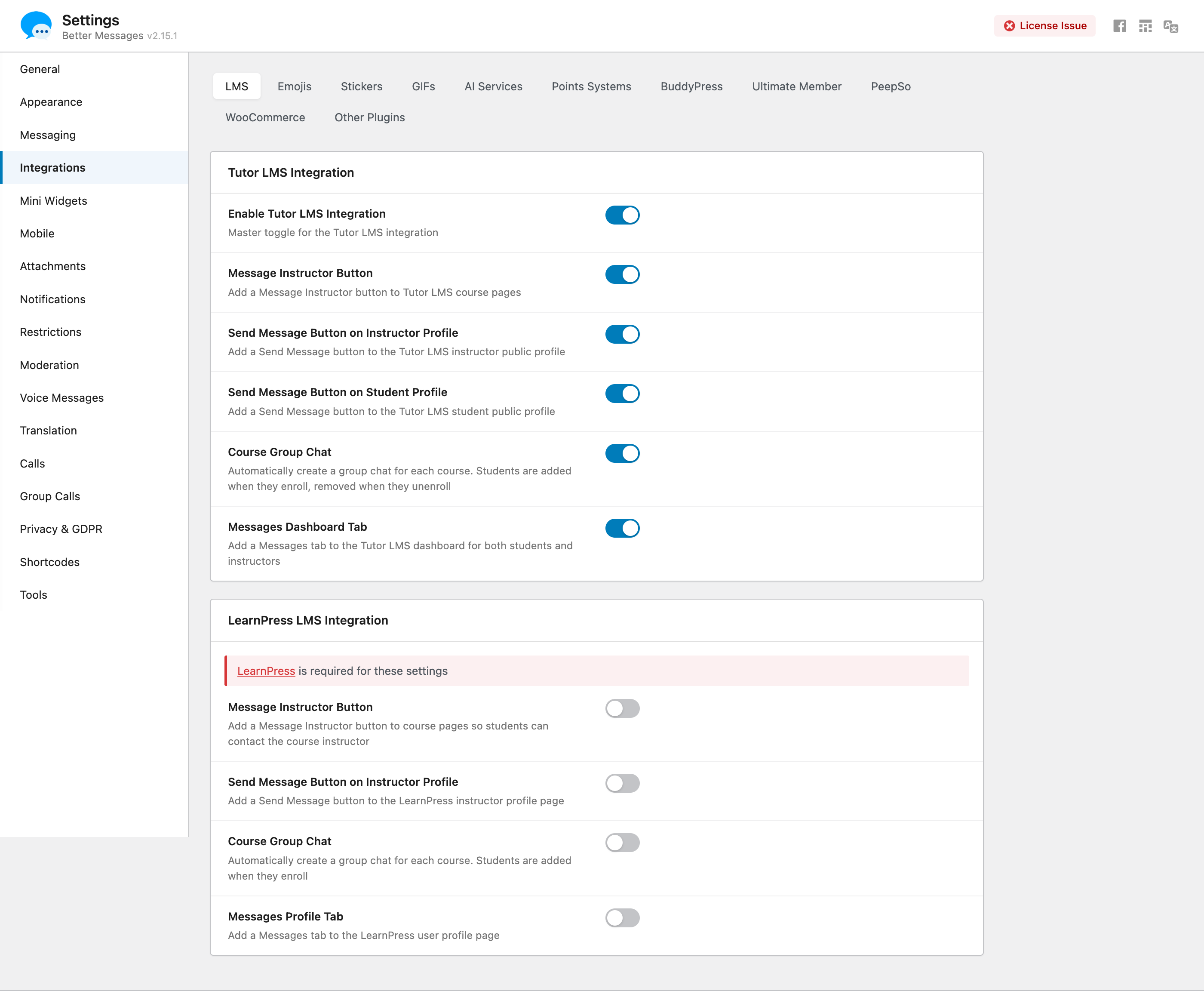 Tutor LMS integration settings