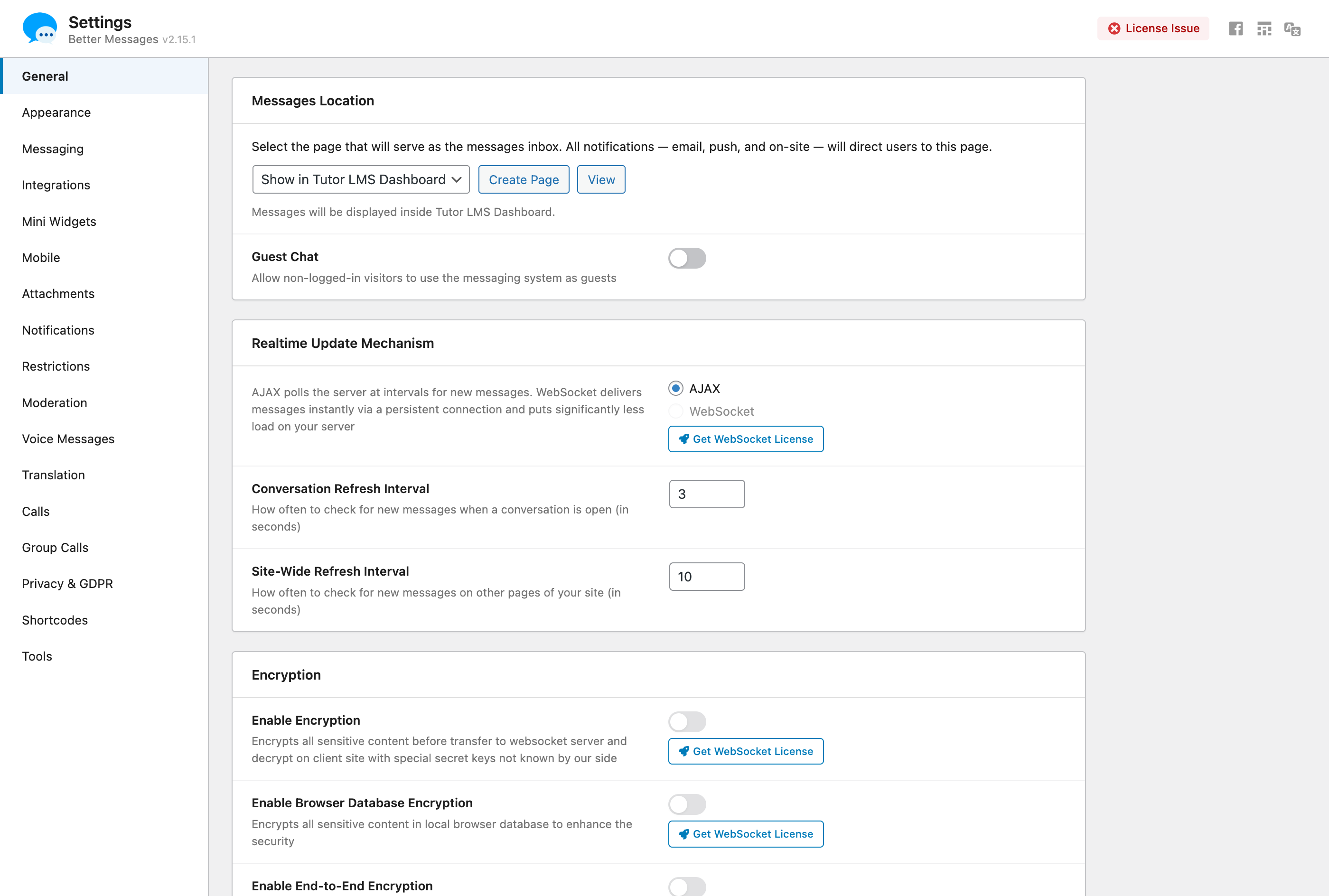 Messages Location dropdown set to Show in Tutor LMS Dashboard