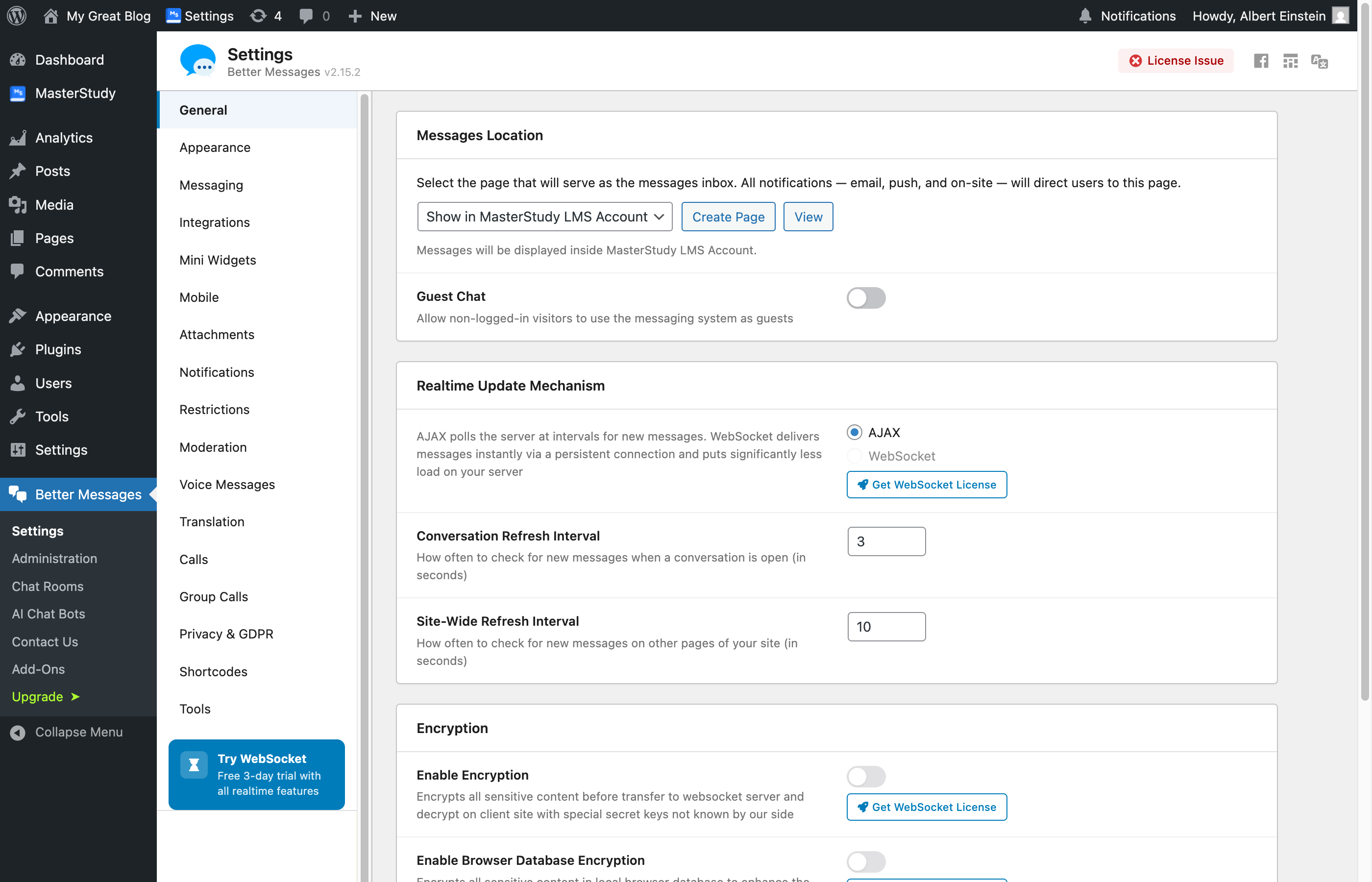 Messages Location dropdown set to Show in MasterStudy LMS Account