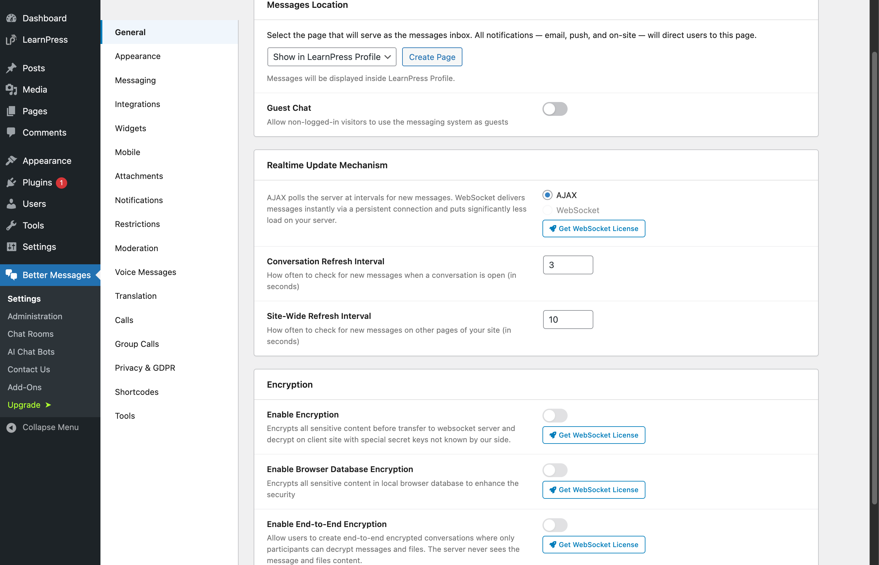 Messages Location dropdown set to Show in LearnPress Profile