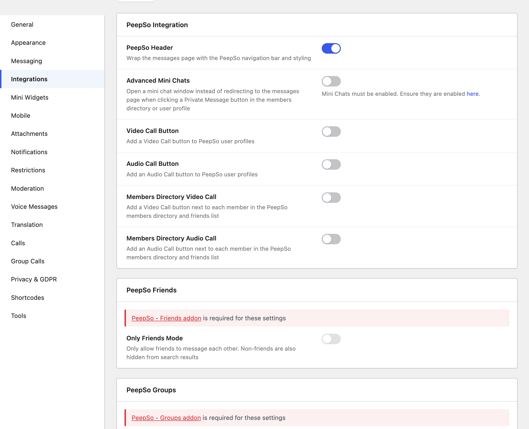 Better Messages PeepSo integration settings