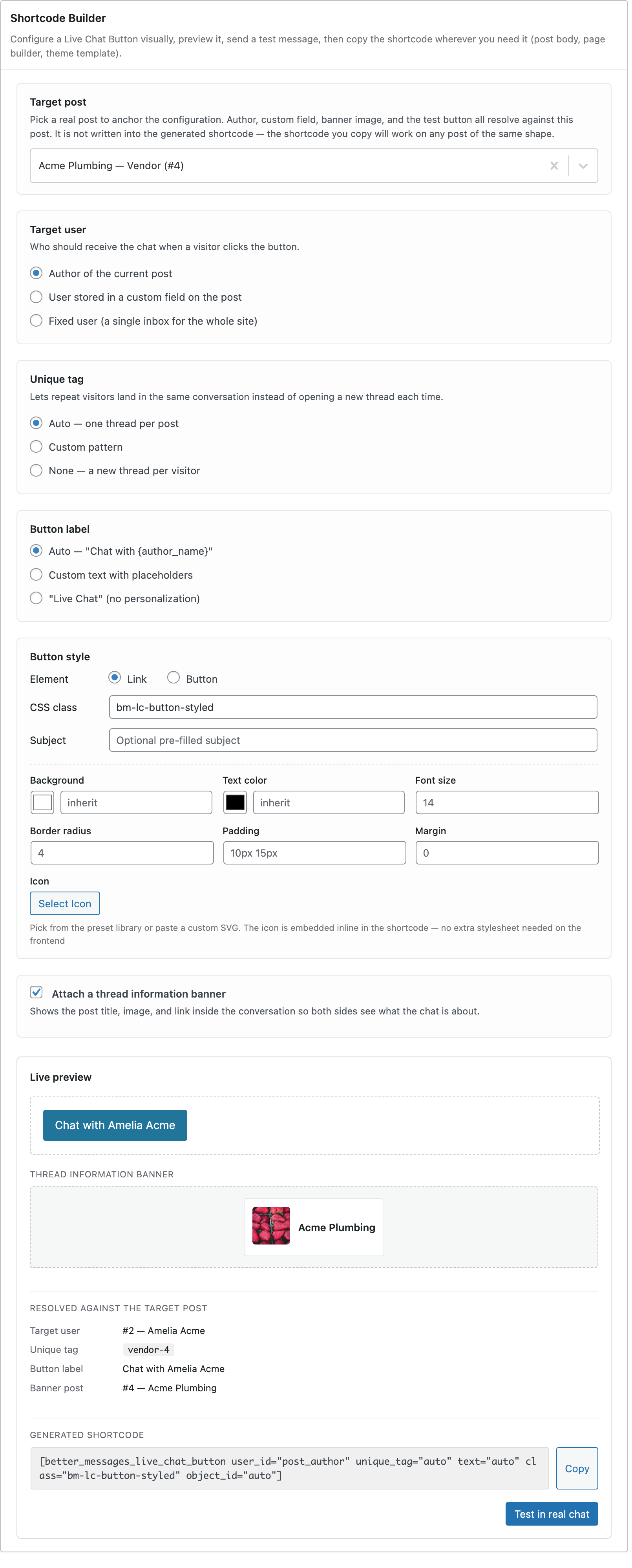 Shortcode Builder admin UI with Acme Plumbing selected as target post