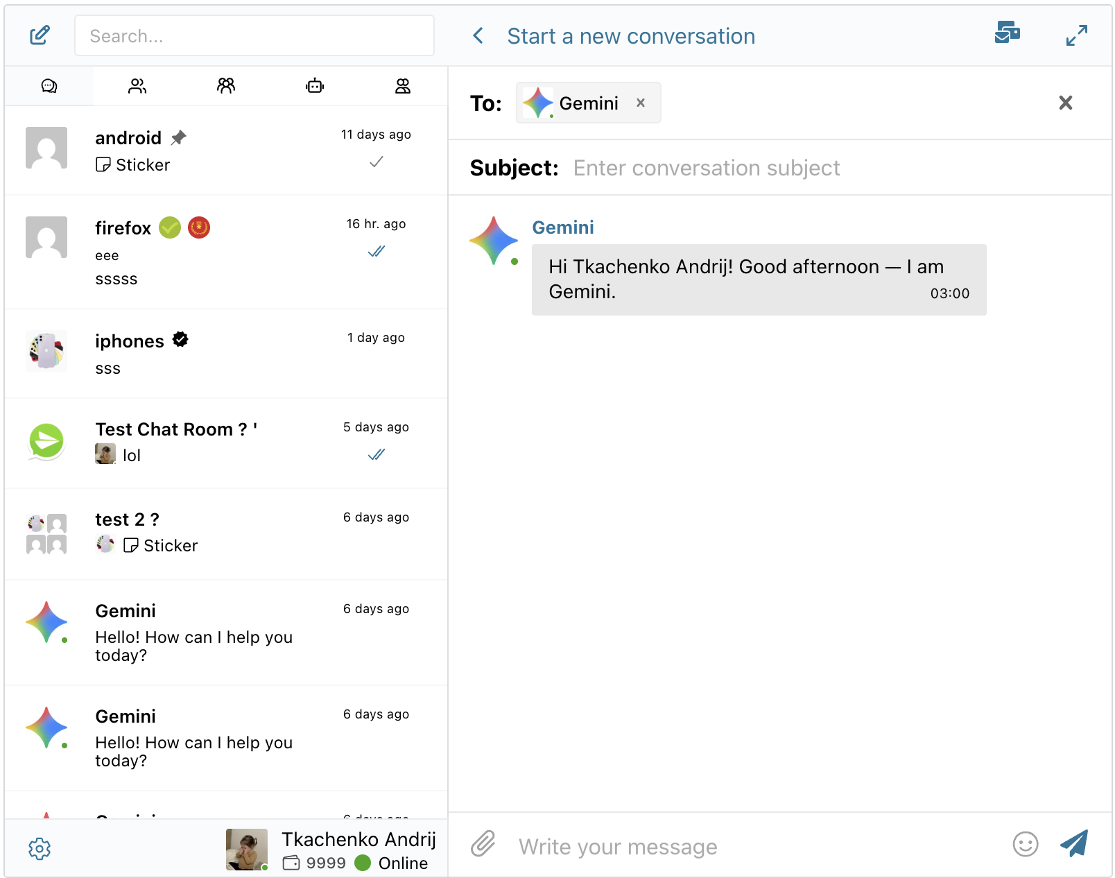 Bot welcome message shown on the New Conversation screen