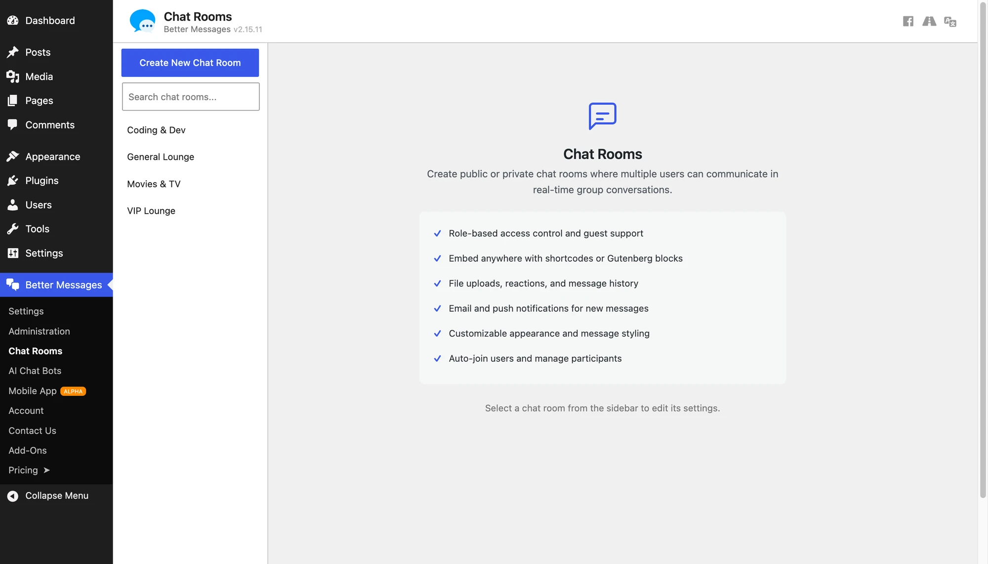Better Messages admin — create a new chat room