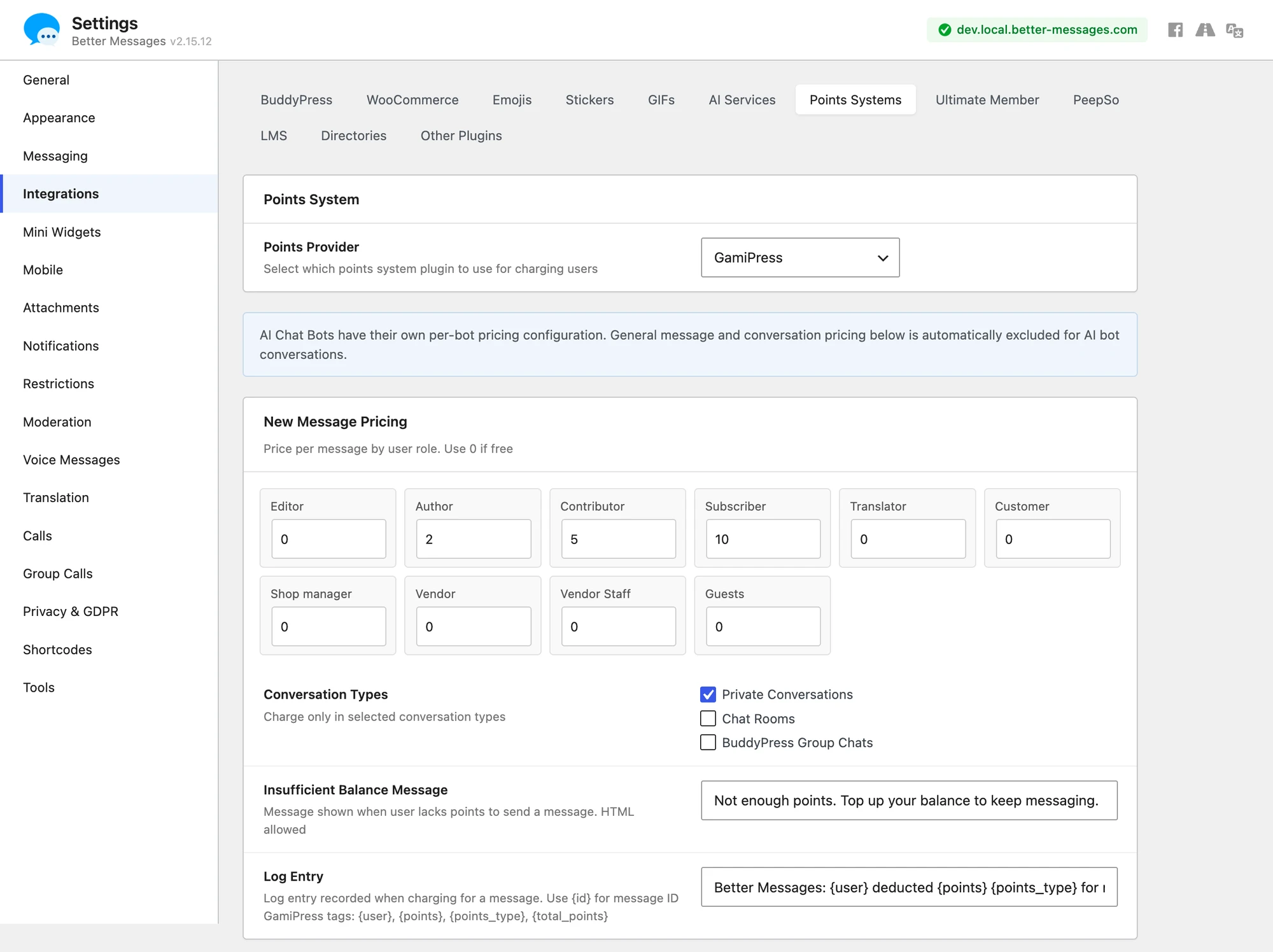 GamiPress per-message pricing — per-role rates for messages, new threads, and calls