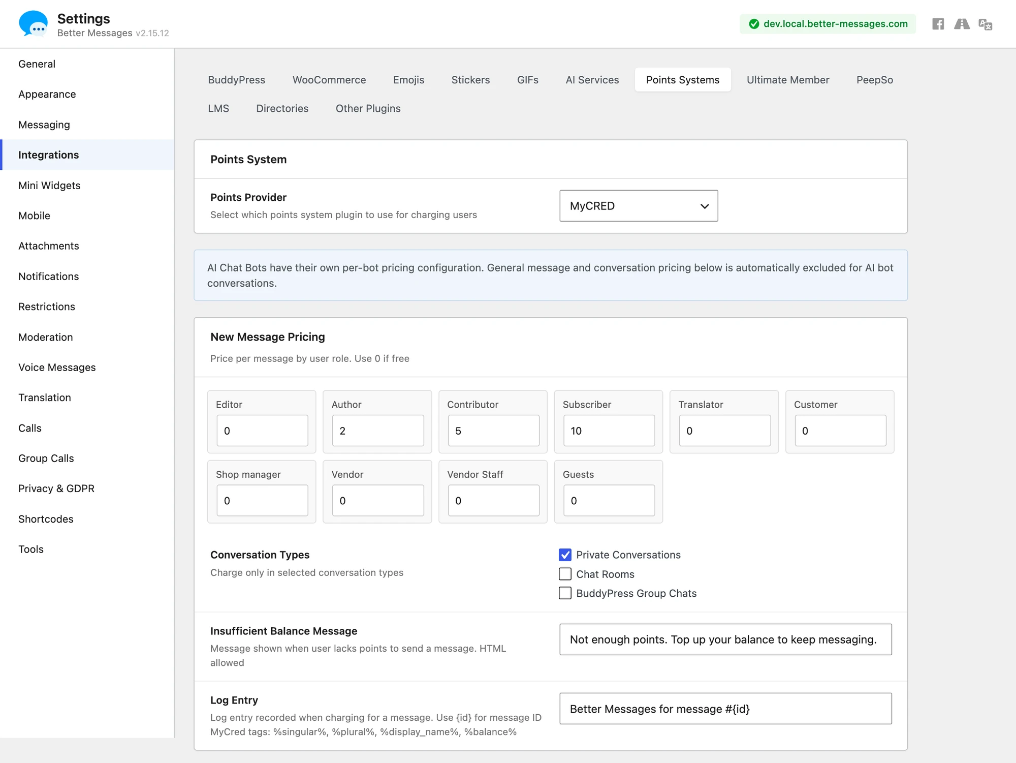 MyCRED per-message pricing — same UI on the alternate points engine