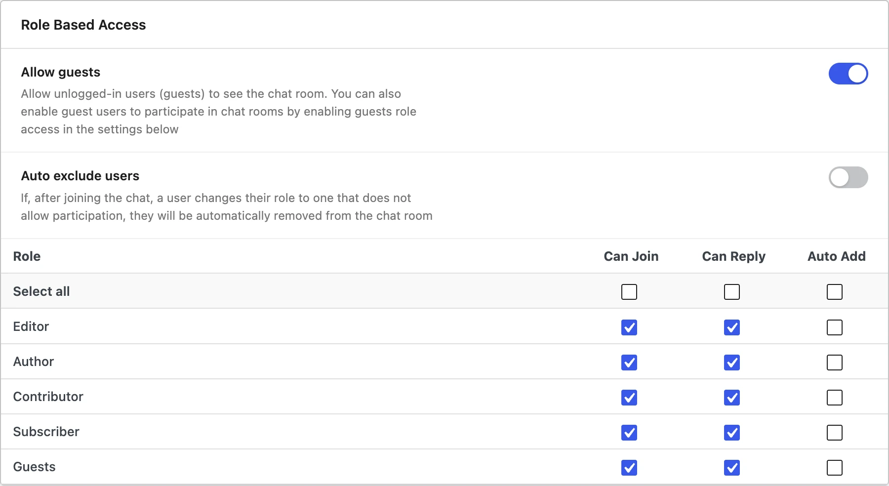 Chat room settings — allowed roles and guest access