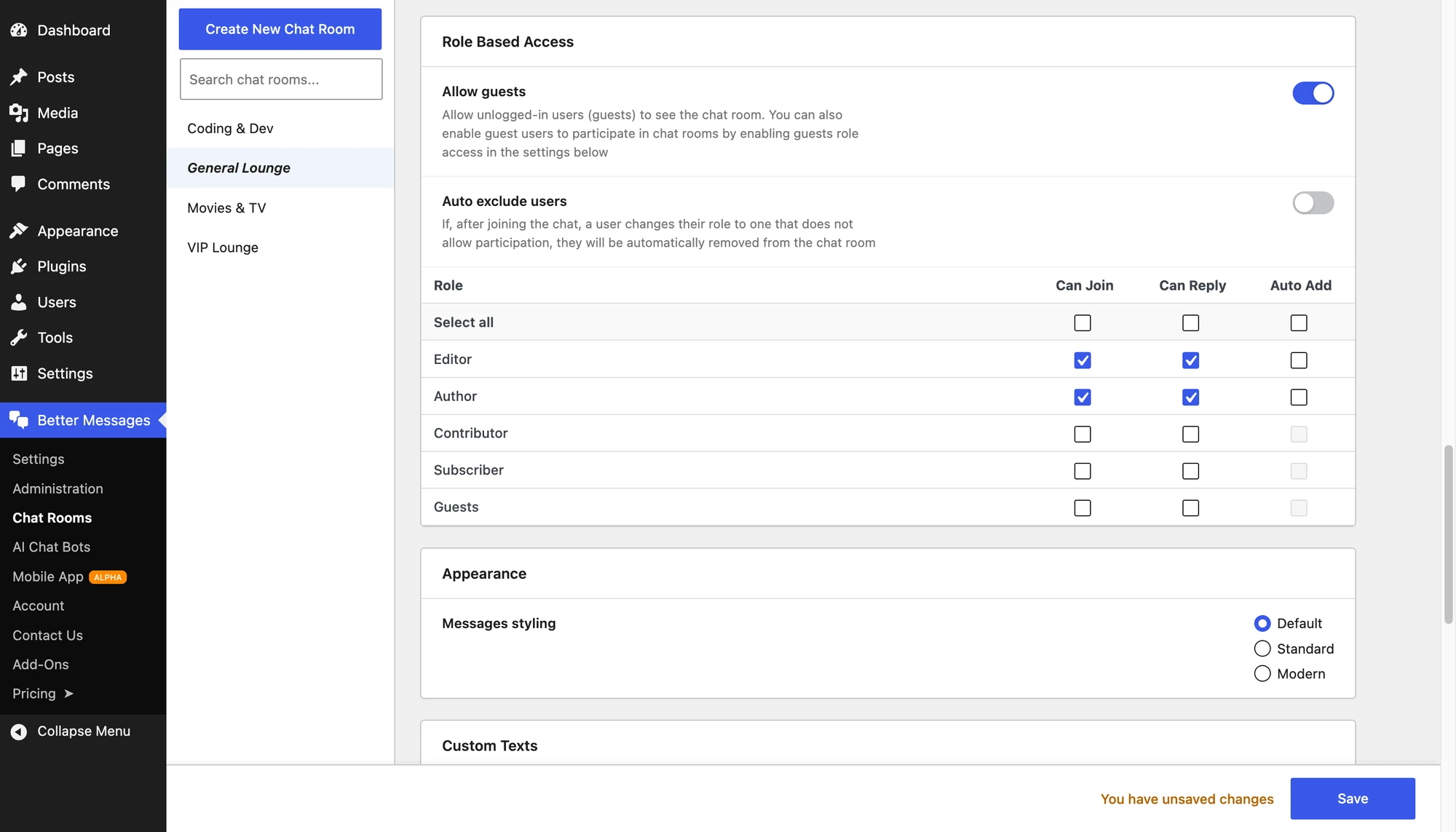 Chat room settings — allowed roles and guest access