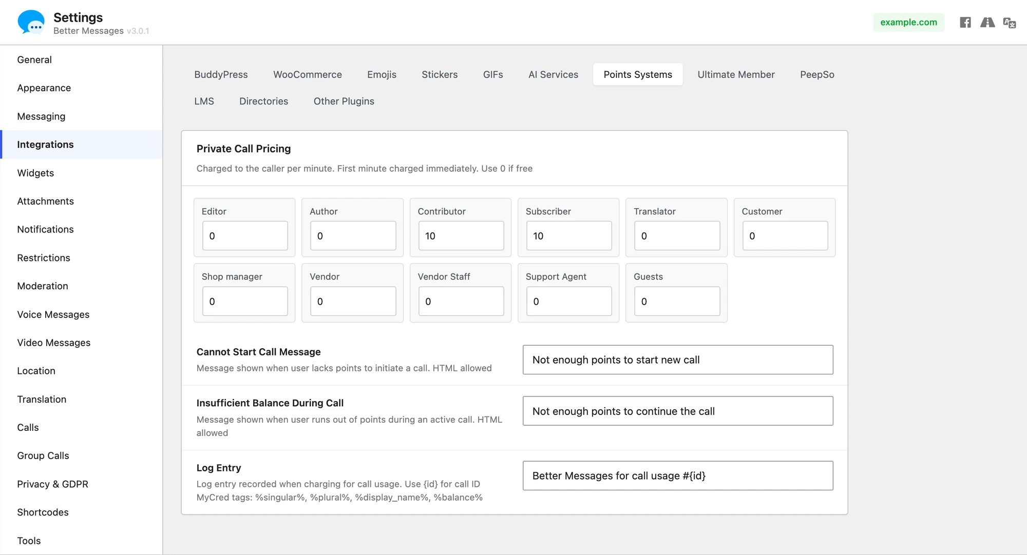 Private Call Pricing settings — per-role per-minute rates for voice and video calls