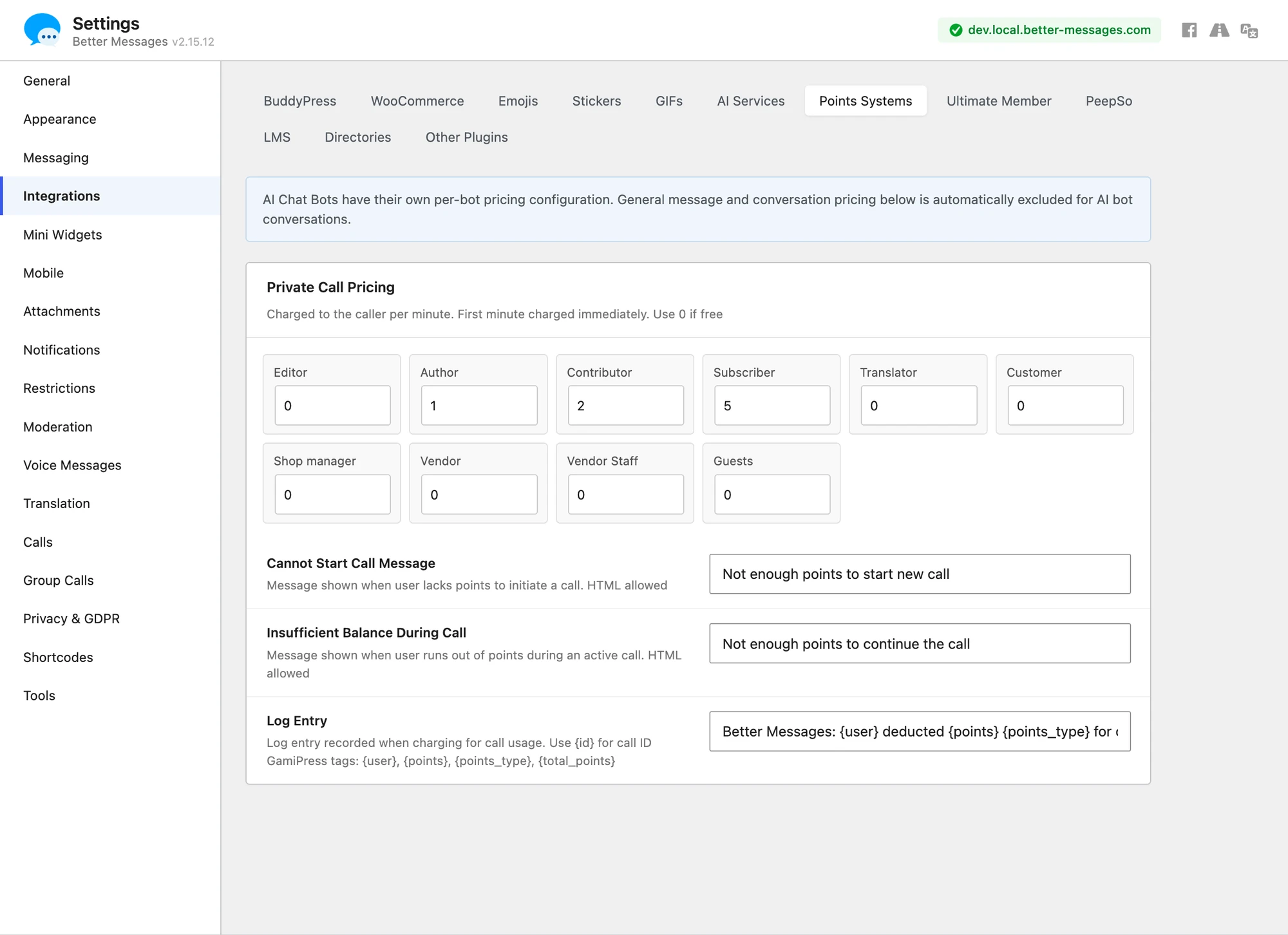 Per-call pricing settings — voice and video billed per minute, with per-role rates