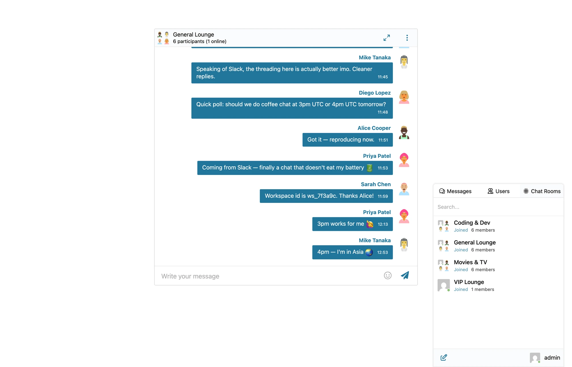 Mini widget with Chat Rooms tab on a WordPress site