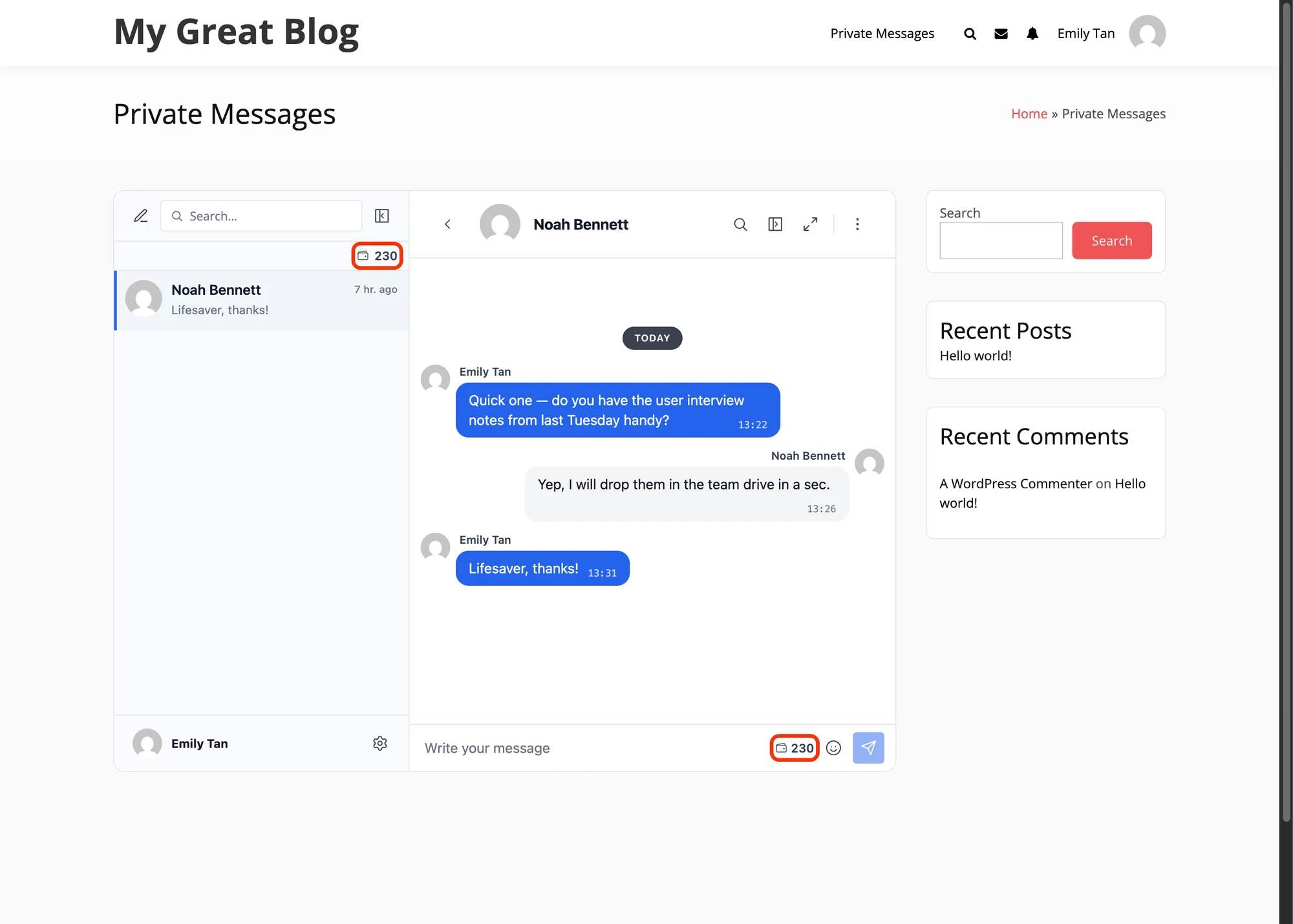Messenger UI showing the MyCred balance pill in the conversations header bar and inside the reply form area