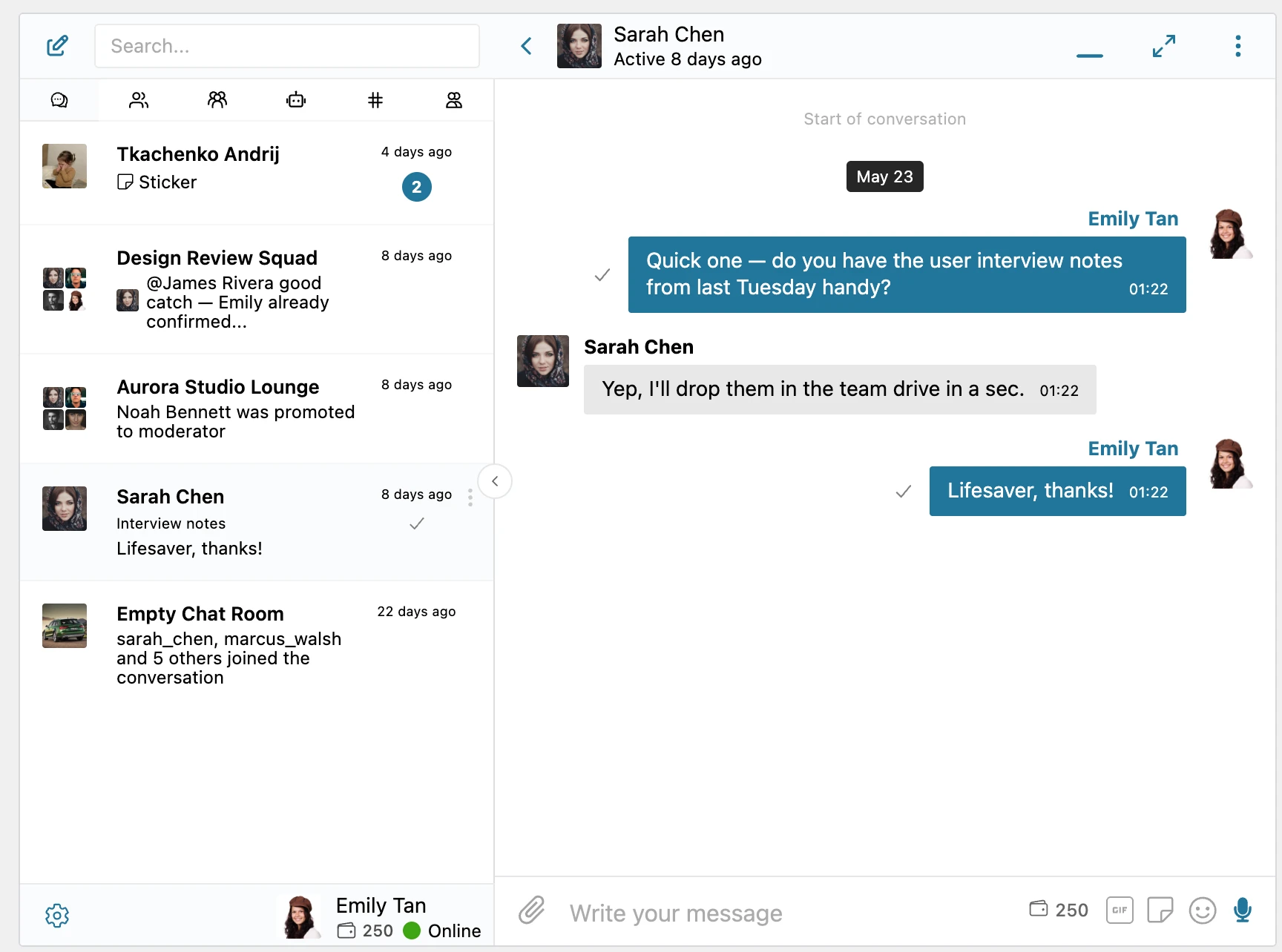 User balance displayed inline in the messenger header and reply form