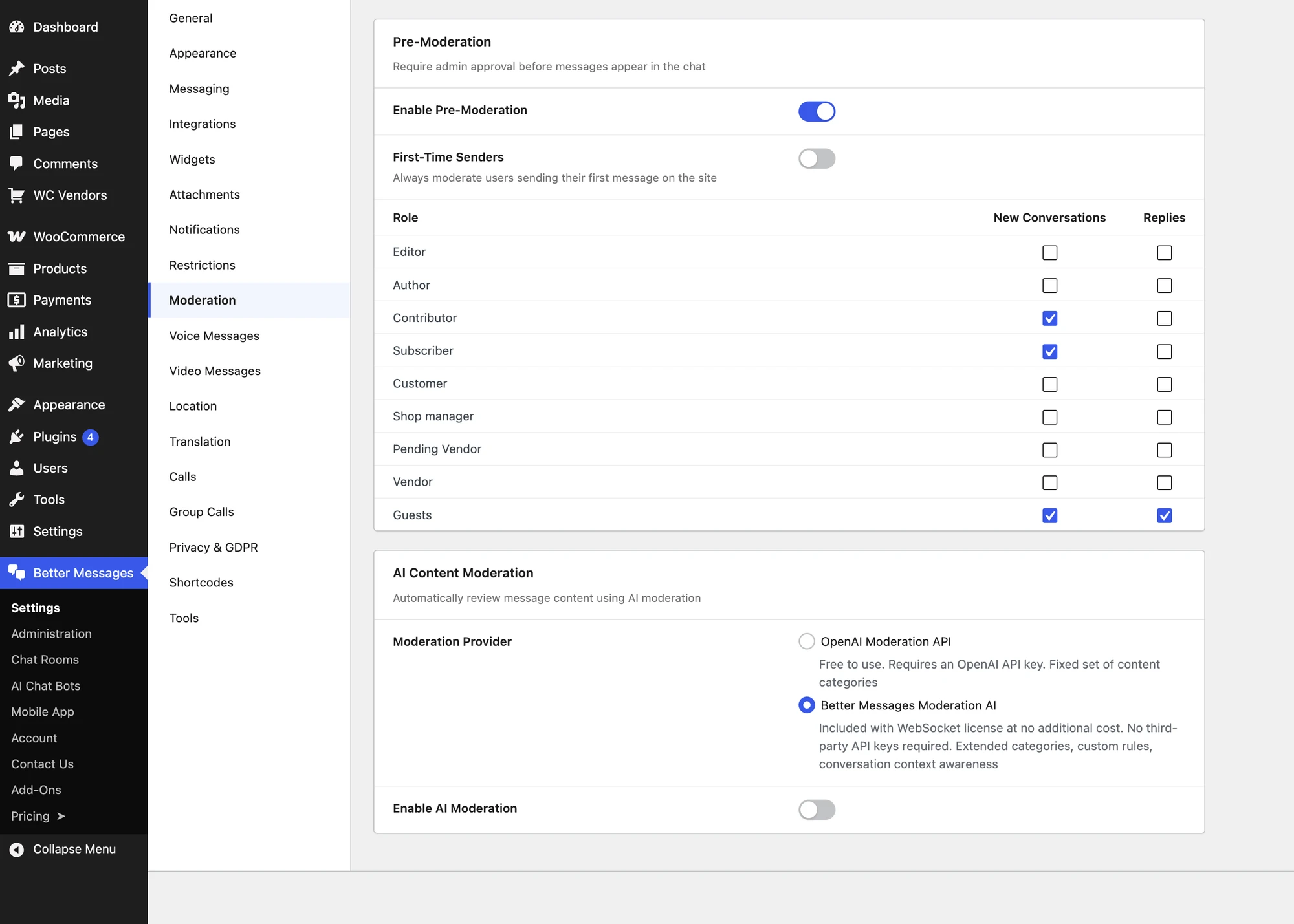 Moderation settings — pre-moderation per role, and the AI Content Moderation provider choice