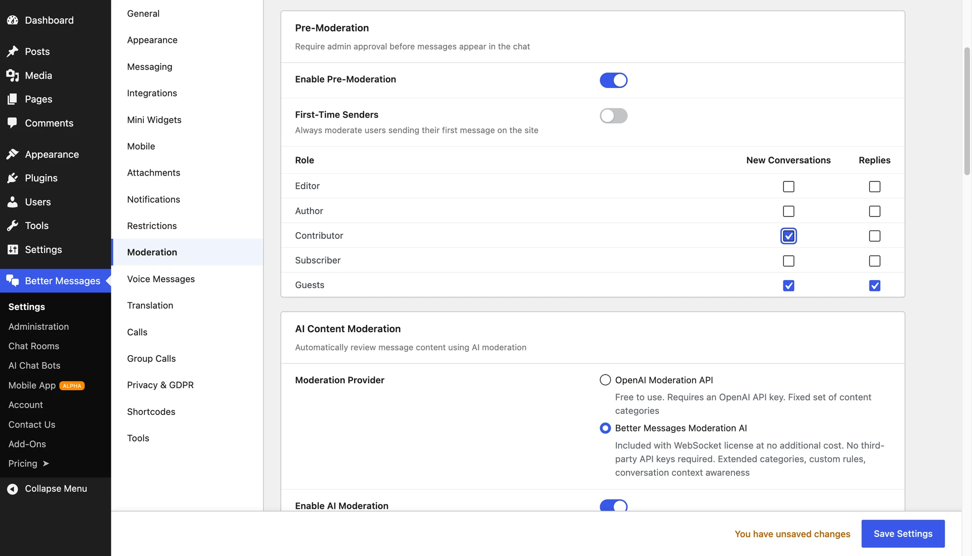 Chat room moderation settings — AI Content Moderation and bad words filter