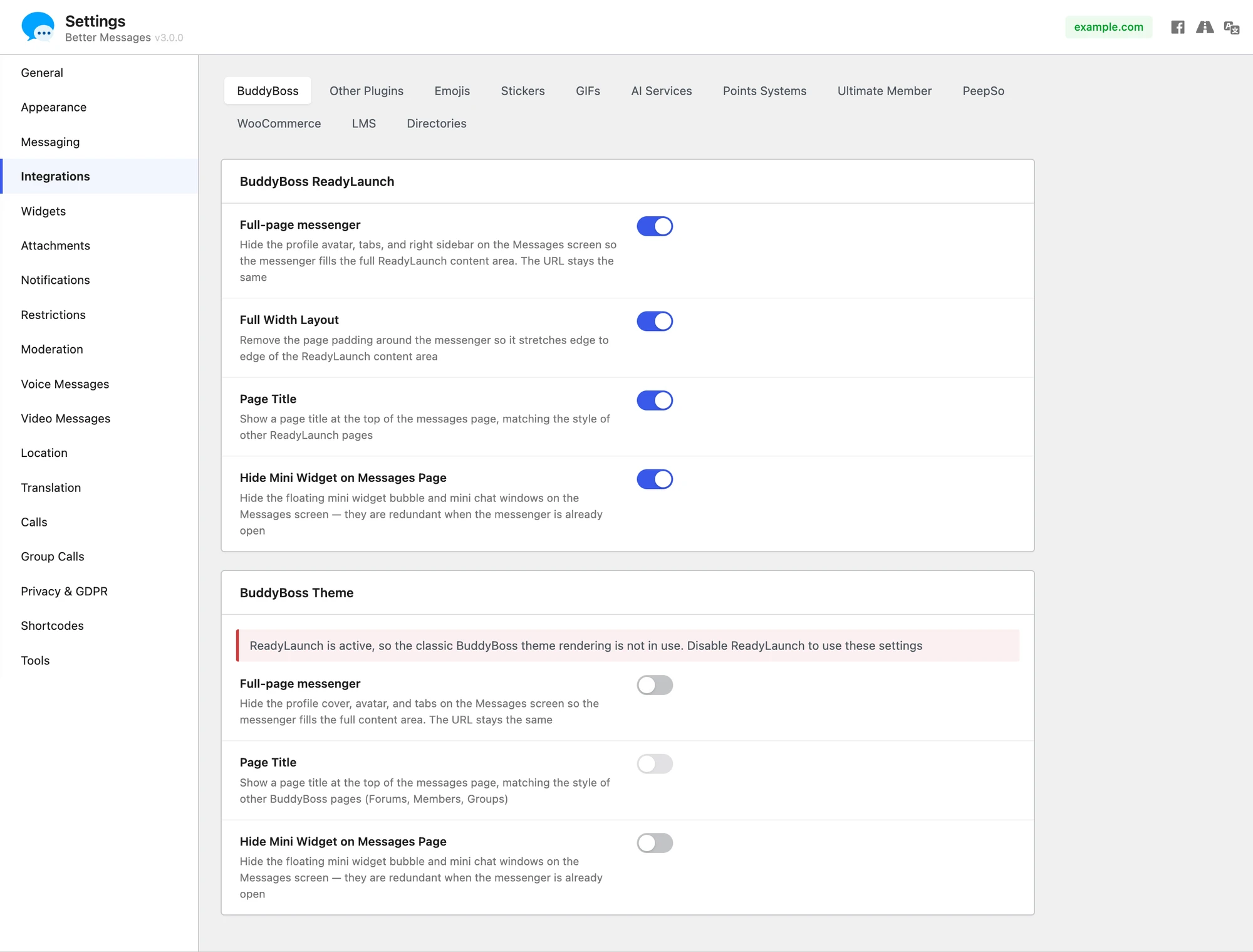 Better Messages admin settings: BuddyBoss ReadyLaunch and BuddyBoss Theme sections with all four toggles