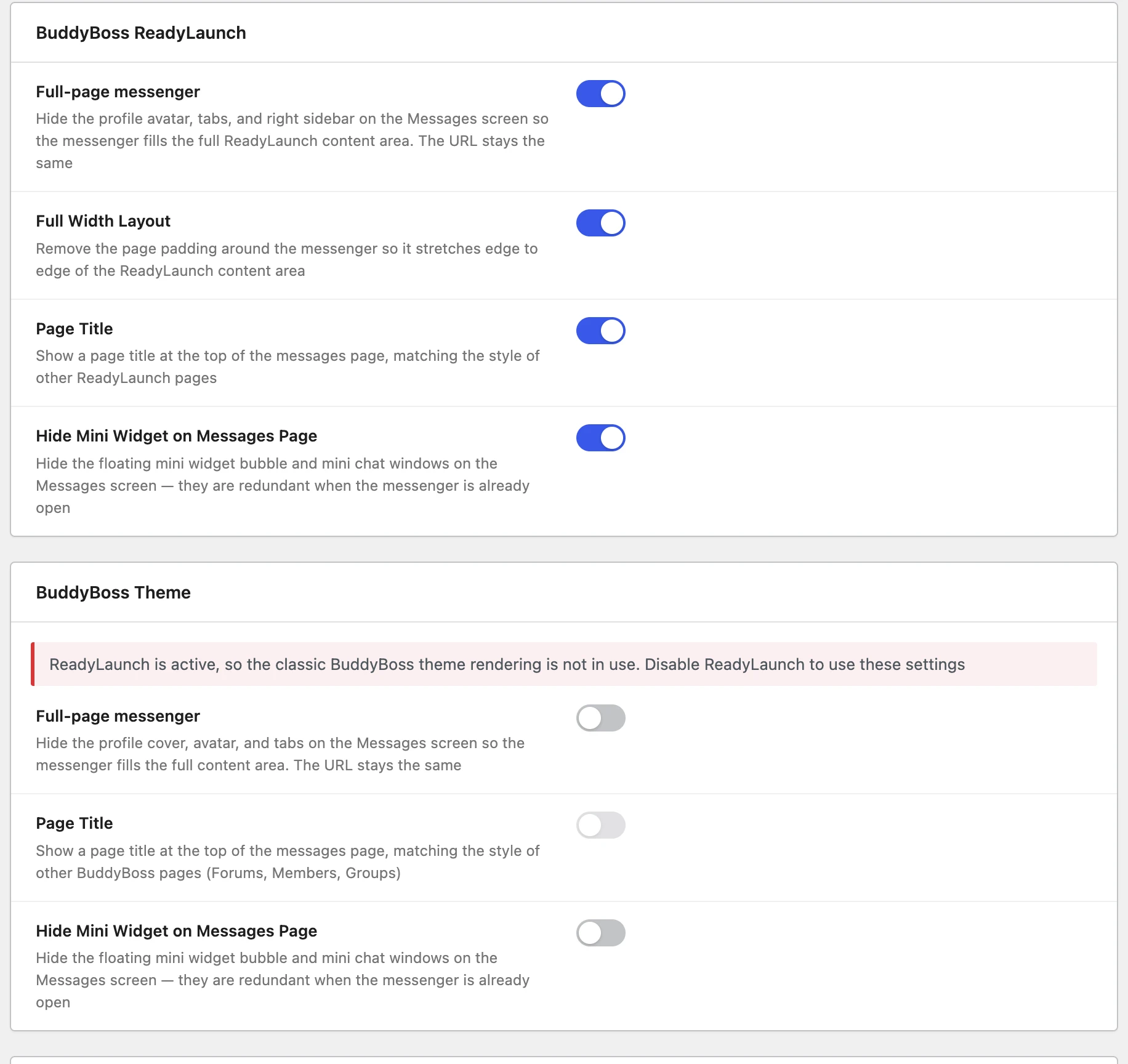Better Messages admin settings: BuddyBoss ReadyLaunch and BuddyBoss Theme sections with all four toggles