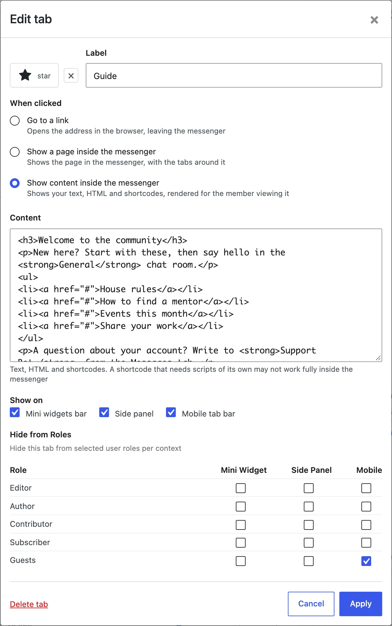 The Edit tab dialog for the Guide tab: a star icon, the label Guide, Show content inside the messenger chosen under When clicked, the HTML of the welcome note in the Content field, all three bars ticked under Show on, and Hide from Roles with Guests ticked for the mobile tab bar. Delete tab, Cancel and Apply at the bottom