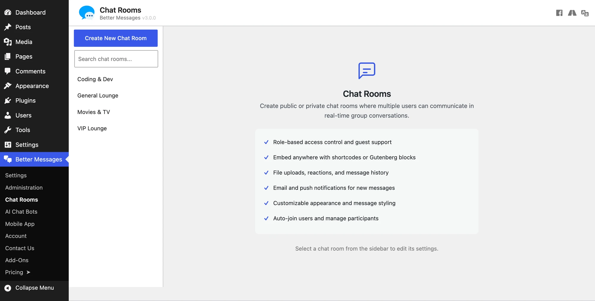 WP Admin Better Messages Chat Rooms screen — sidebar with Create New Chat Room button, search box, and the list of existing rooms
