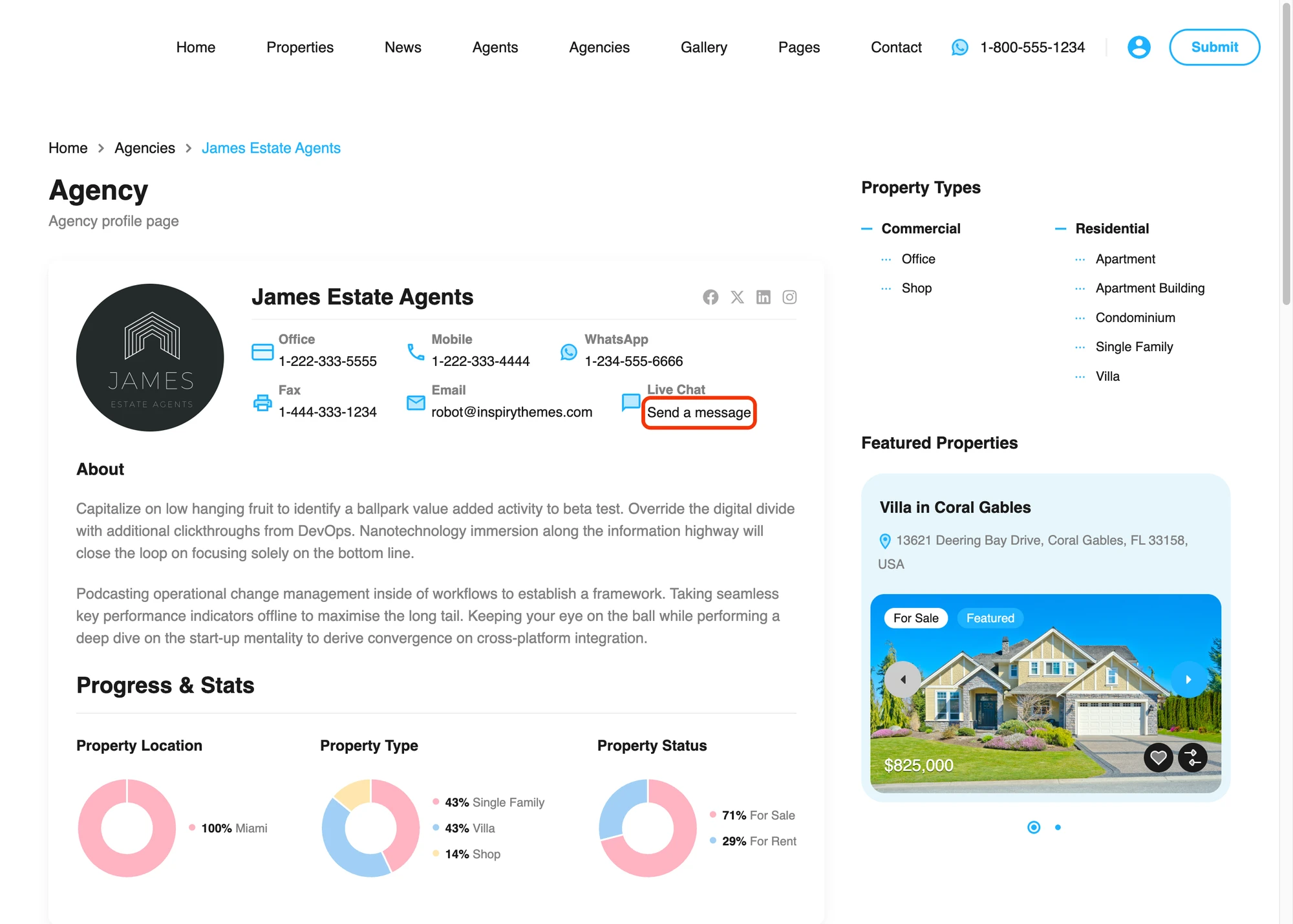 Live Chat contact row on the RealHomes agency profile page
